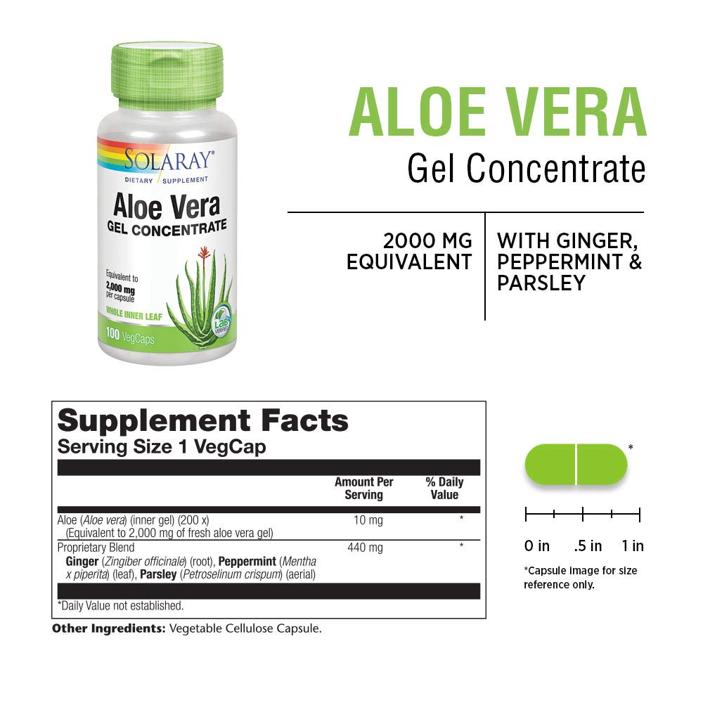 SOLARAY Aloe Vera Gel 2000 mg, etiqueta-clara, lectura fácil de ingredientes y beneficios.