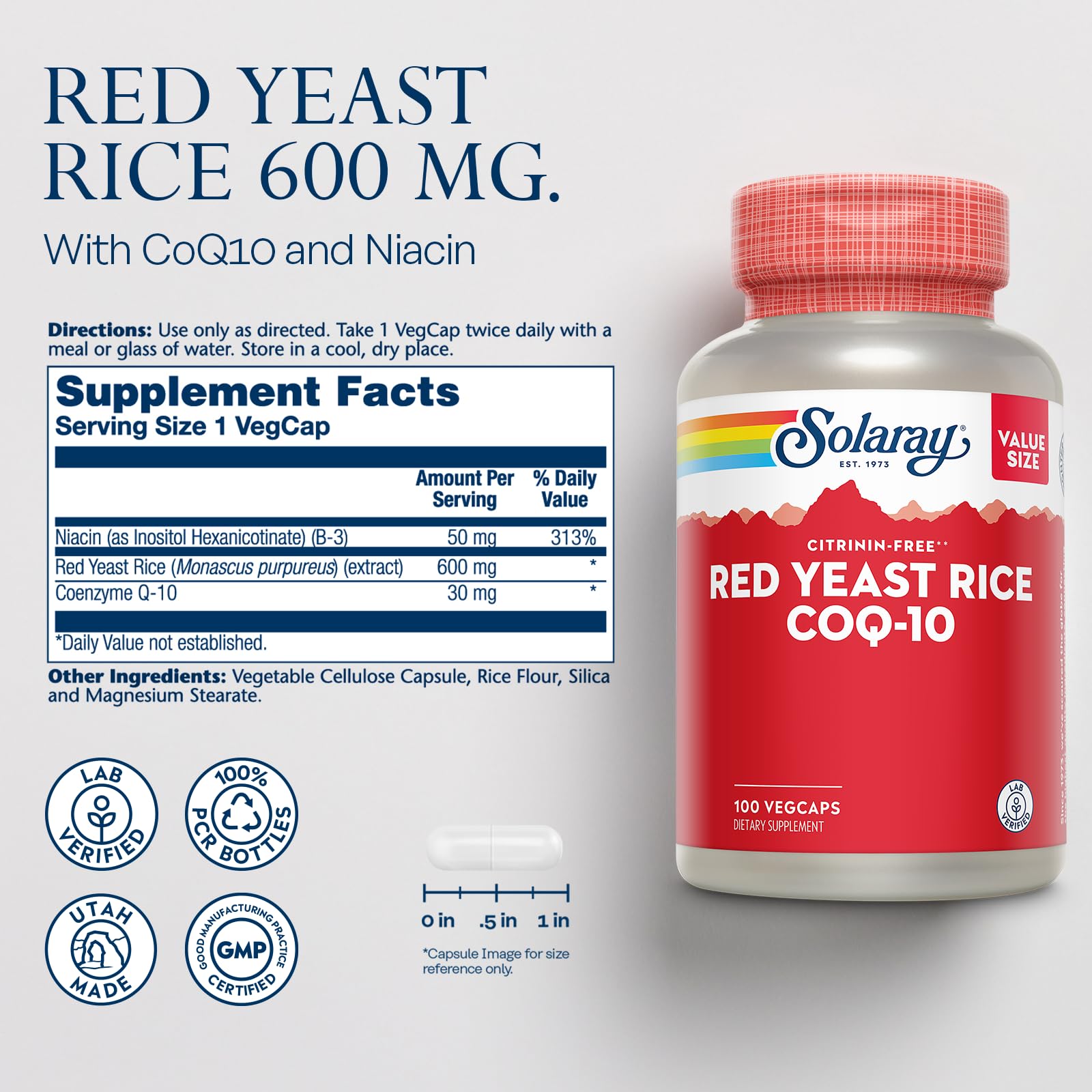 SOLARAY Arroz de levadura roja cápsulas, con CoQ10 y Niacina para el día.
