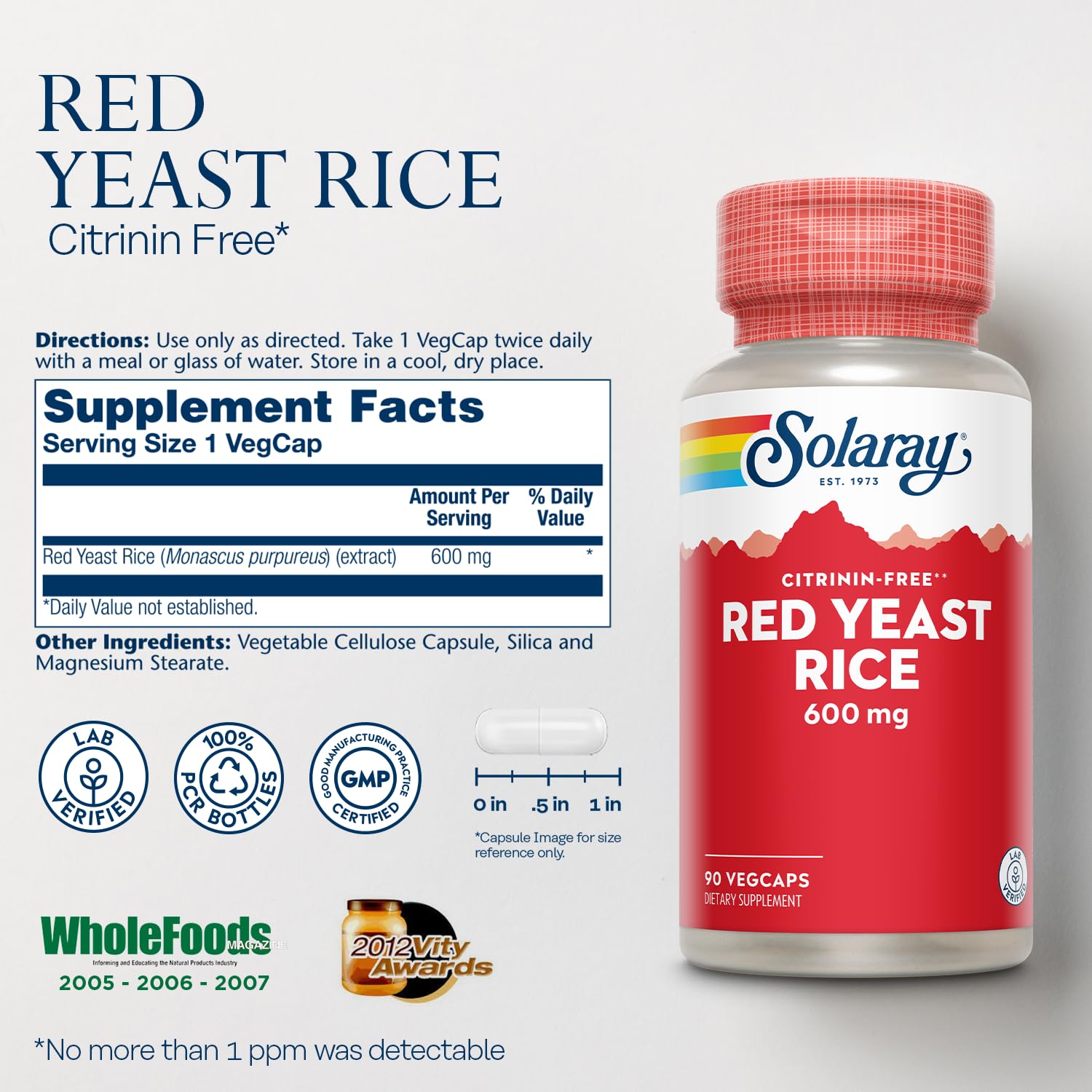 SOLARAY Arroz de Levadura Roja, cápsulas fáciles de tragar para dos tomas diarias