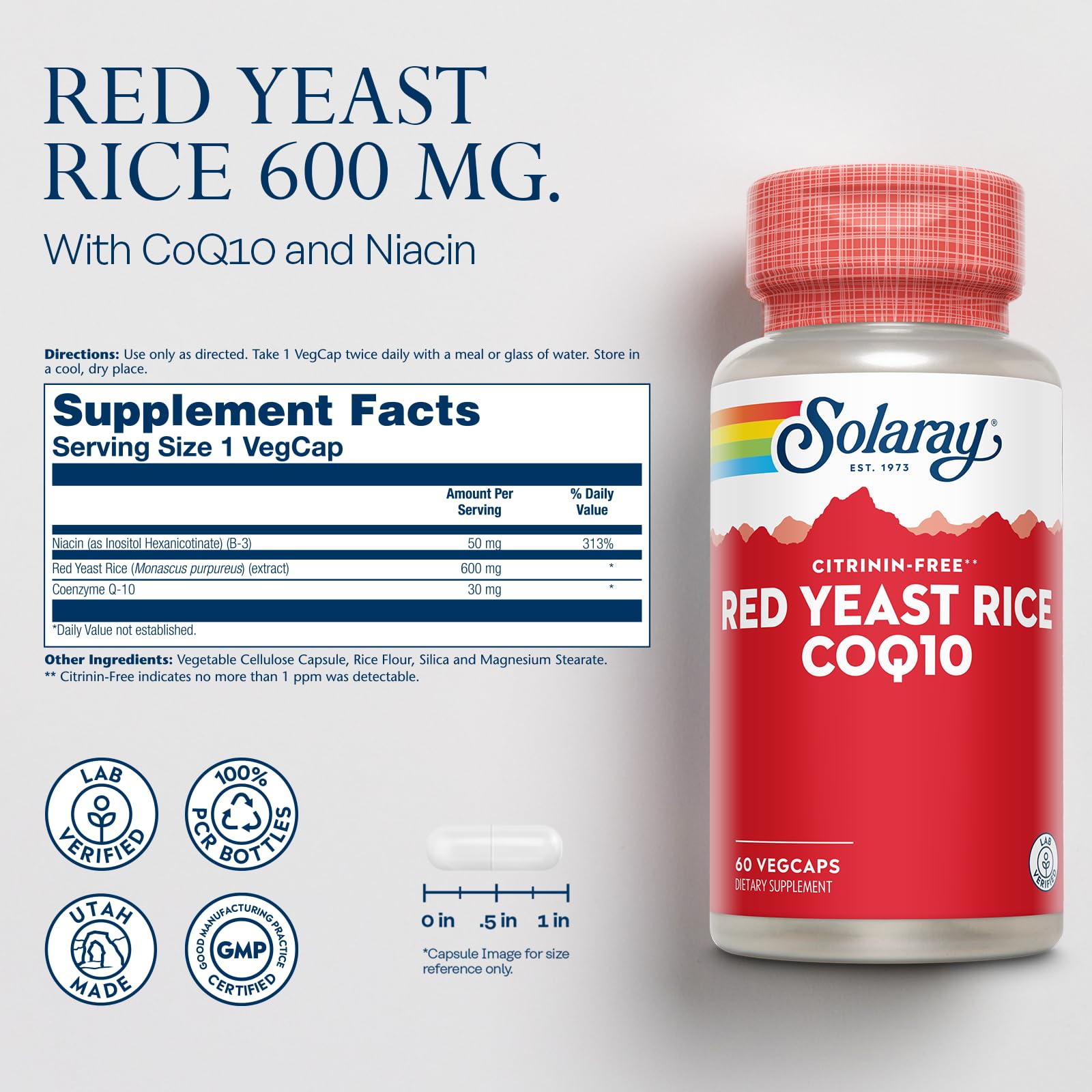 SOLARAY Arroz de levadura roja con Niacina sin enrojecimiento, cápsulas fáciles de tomar.