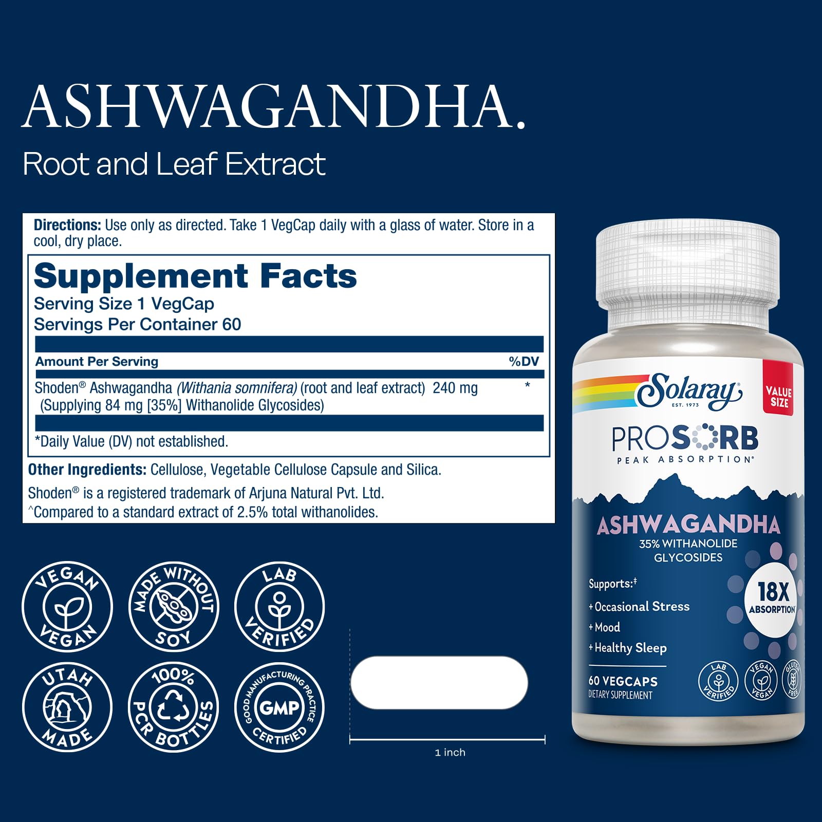 SOLARAY Ashwagandha cápsulas primer plano de cápsula para bienestar emocional