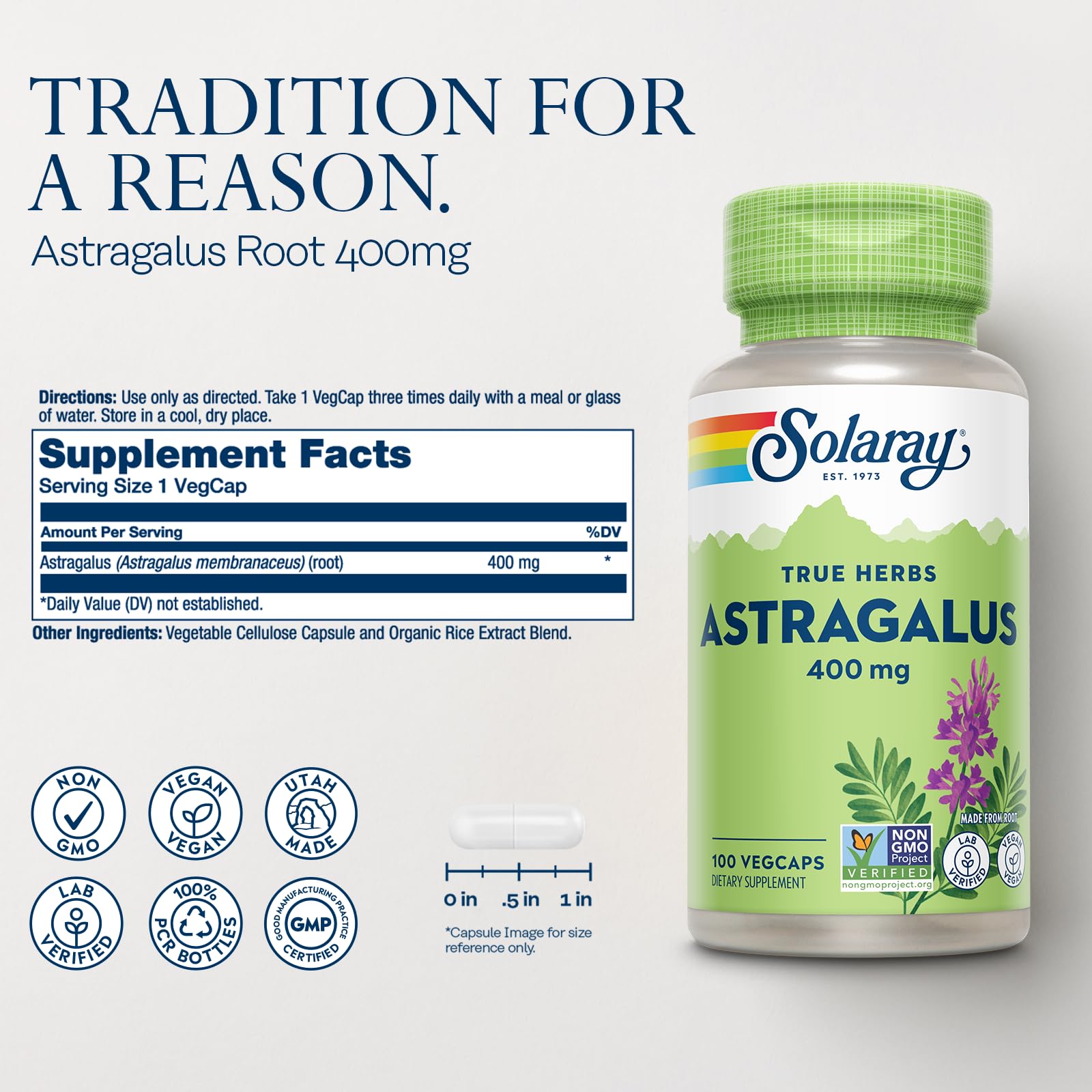 Cápsulas SOLARAY Astrágalo raíz 400mg para consumo diario y conveniencia