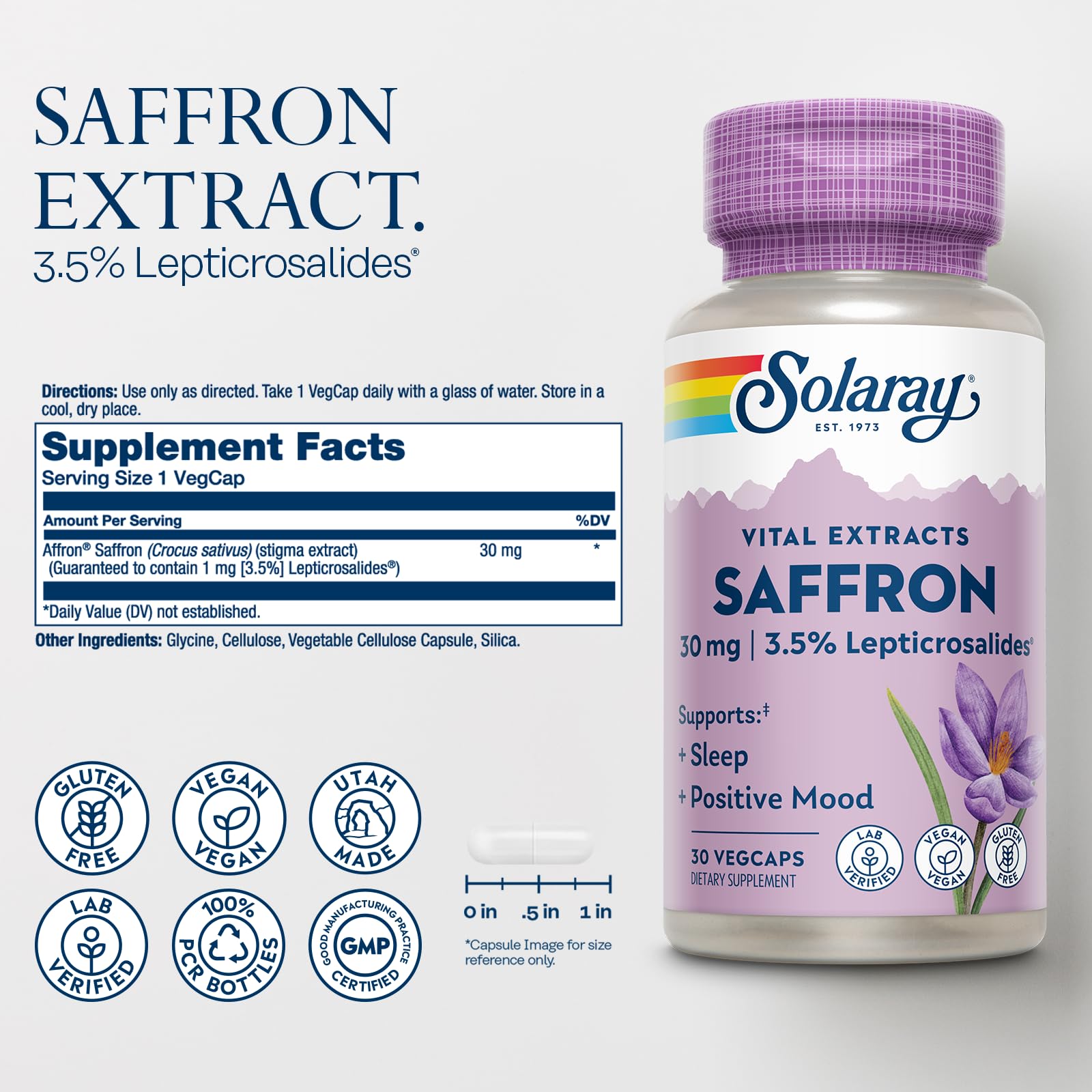 SOLARAY Azafrán Extract: etiqueta frontal con información de calidad
