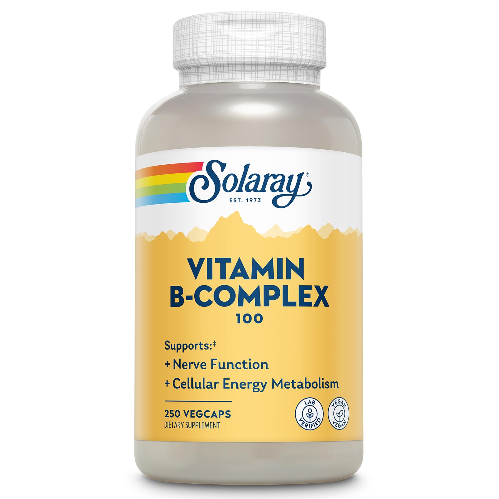 Solaray B-Complex 100-250, empaque botella reciclada, apoyo a la sostenibilidad ambiental.