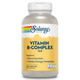 Solaray B-Complex 100-250, empaque botella reciclada, apoyo a la sostenibilidad ambiental.