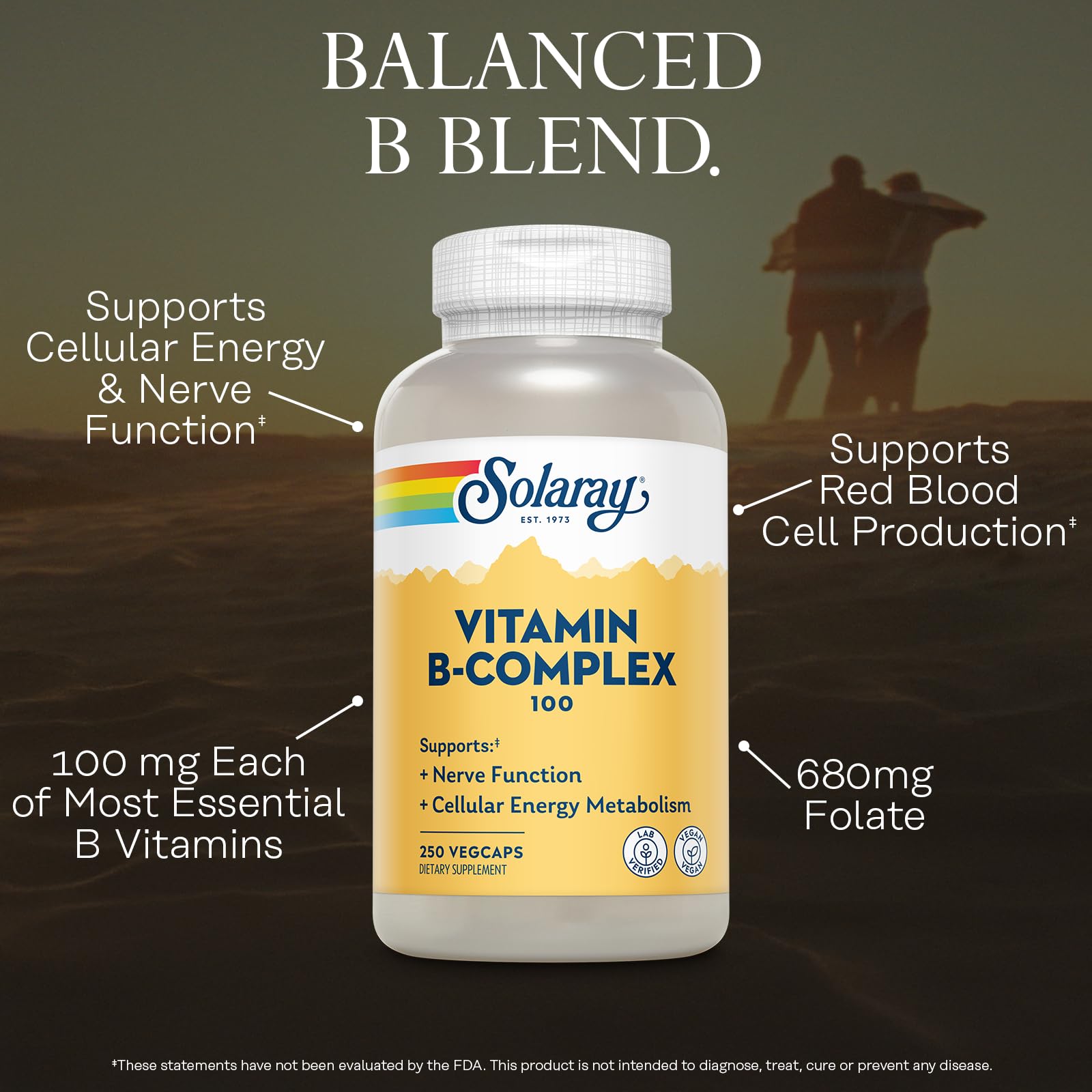 Solaray B-Complex 100-250, cápsulas visibles, apoyo a metabolismo y función nerviosa.