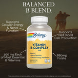 Solaray B-Complex 100-250, cápsulas visibles, apoyo a metabolismo y función nerviosa.
