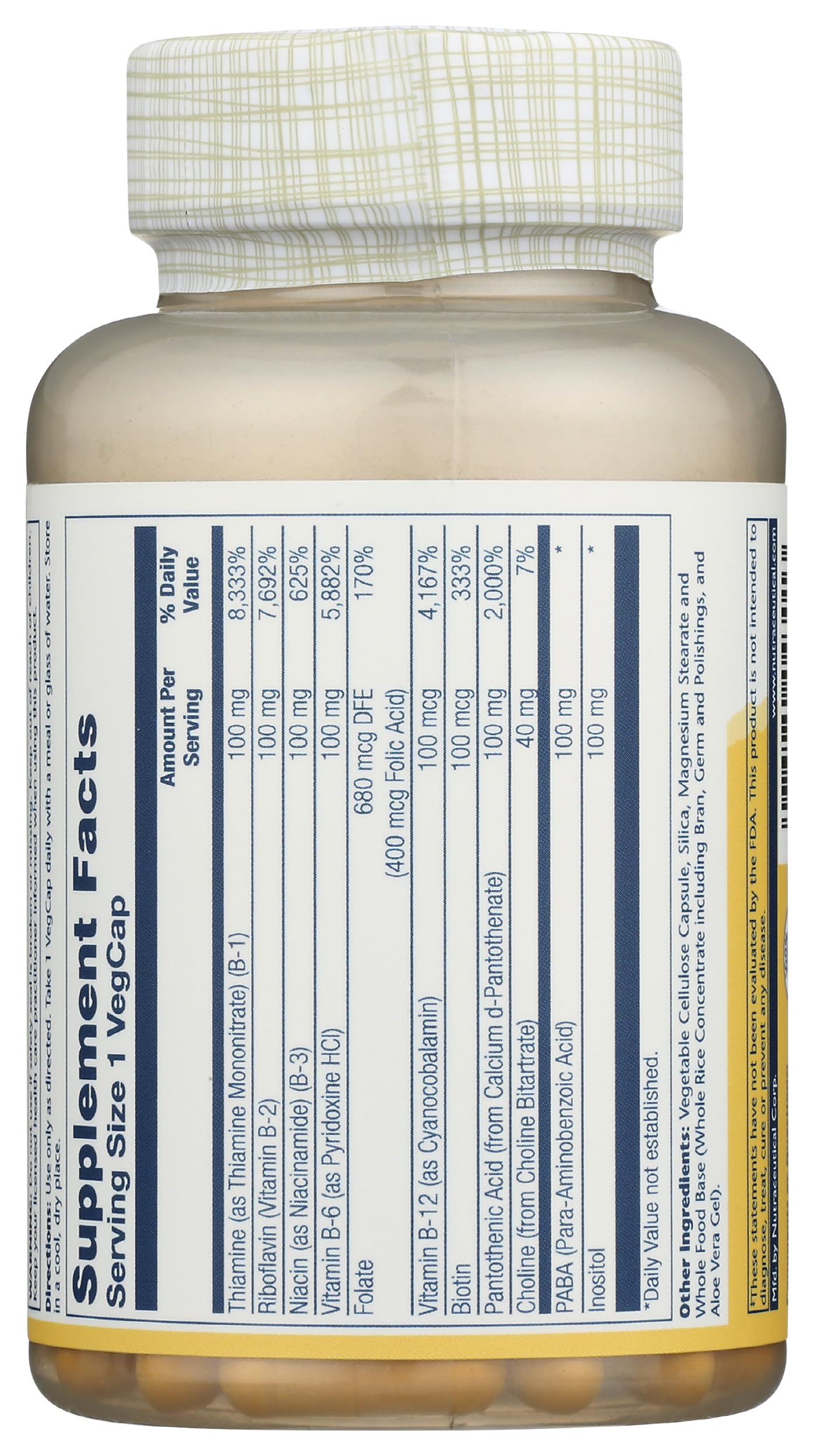 Solaray B-Complex 100 mg, cápsulas detrás, apoyo al metabolismo saludable.