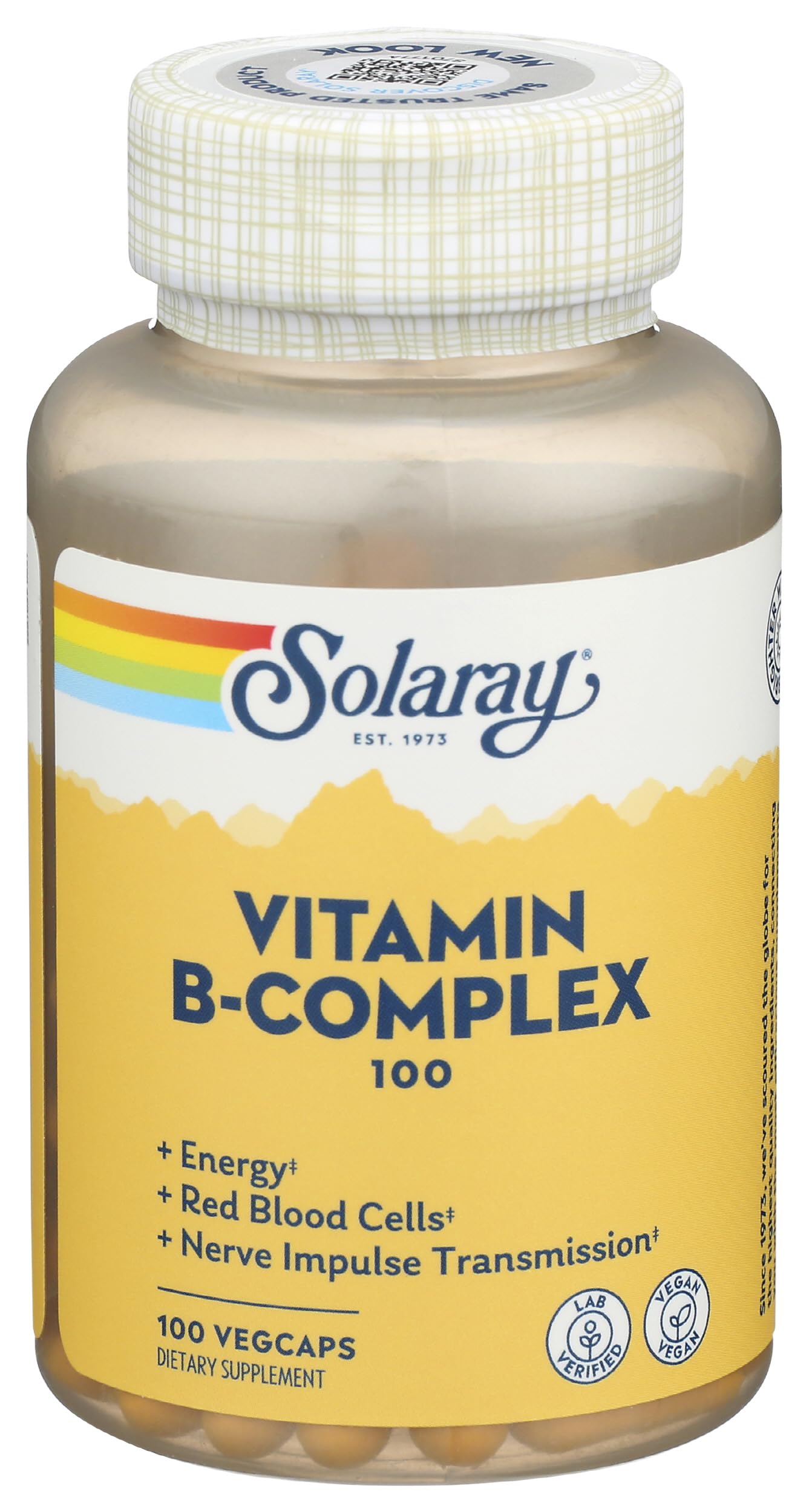 Solaray B-Complex 100 mg, cápsulas frente, posible apoyo para energía diaria.