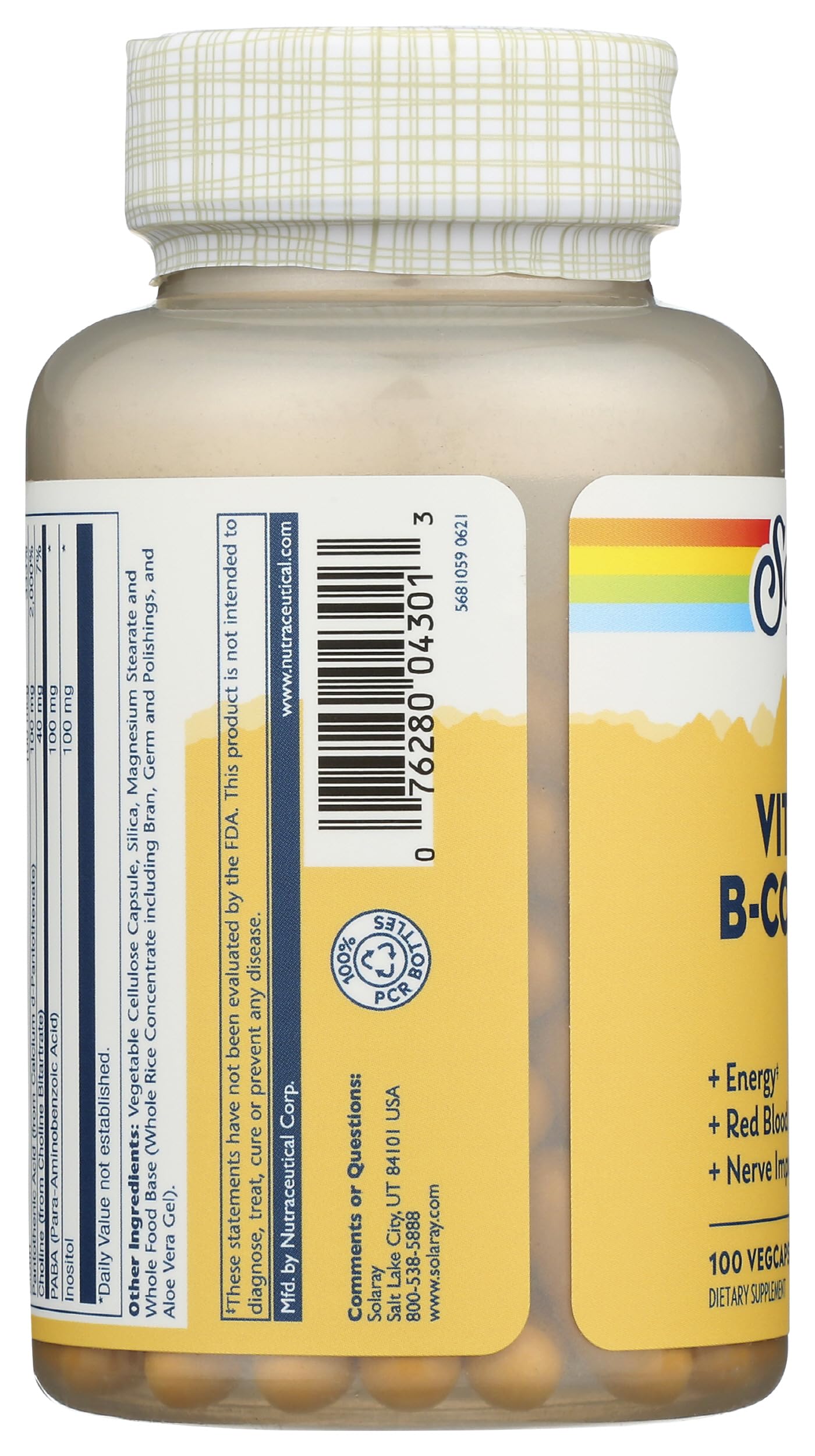 Solaray B-Complex 100 mg, etiqueta de ingredientes, útil para comparar nutrientes.