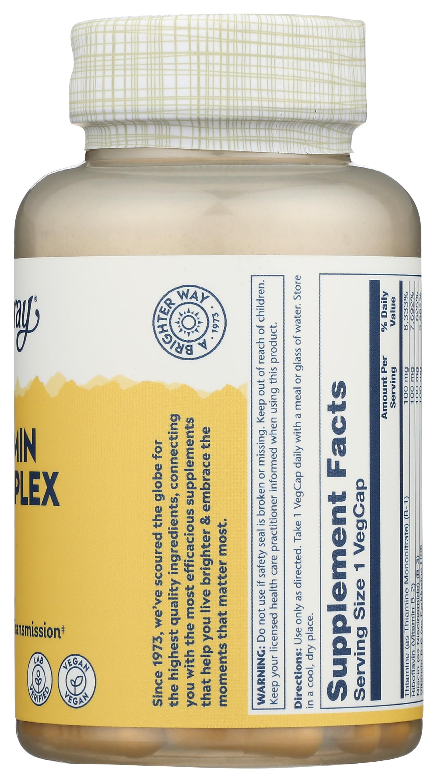 Solaray B-Complex 100 mg, uso diario, toma rápida con agua.