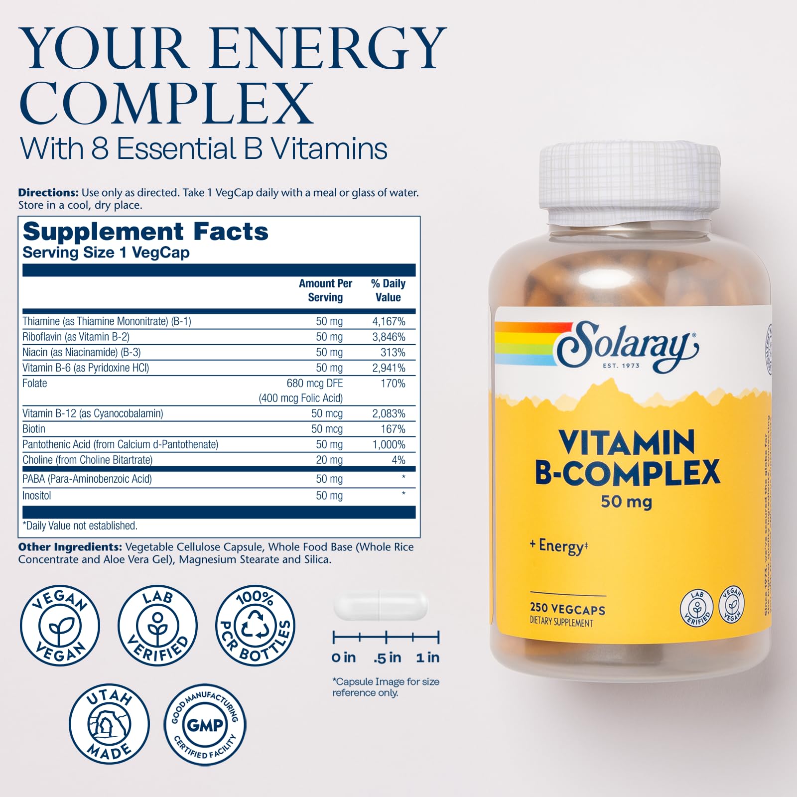 Etiqueta nutricional SOLARAY B-Complex para planificar la ingesta diaria.