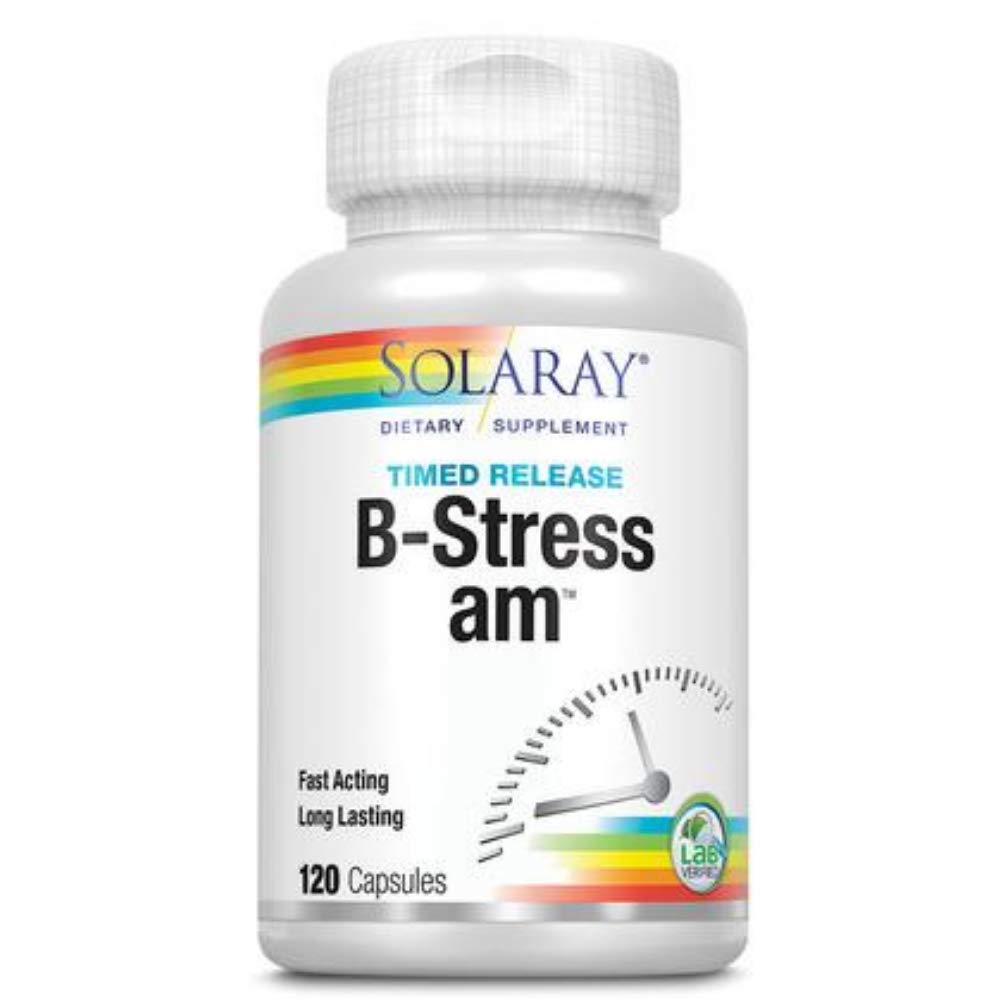 SOLARAY B-Stress AM en cápsulas, liberación en dos etapas para energía diaria.