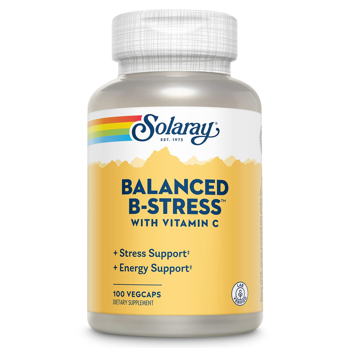 SOLARAY B-Estrés: cápsulas en botella para apoyo de la energía diaria.