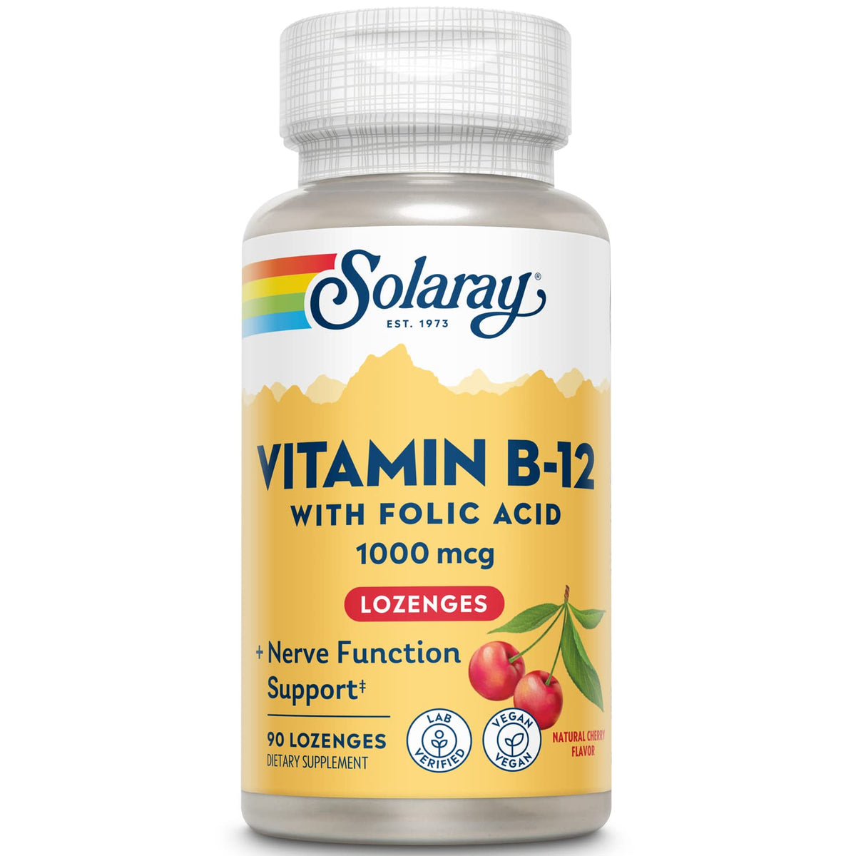 SOLARAY B12 1000mcg con ácido fólico, envase listo para almacenamiento.