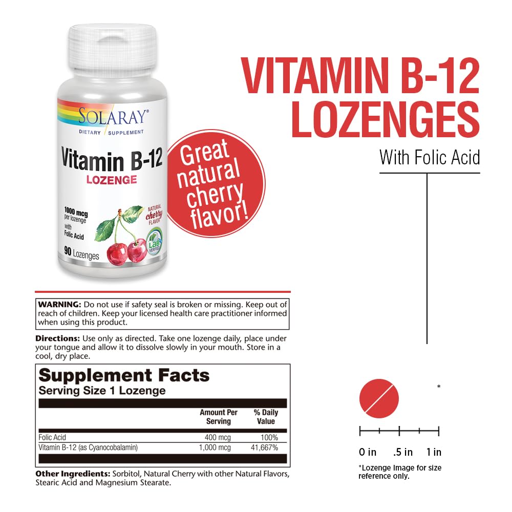 SOLARAY B12 1000mcg con ácido fólico, pastilla de cereza sabor natural.