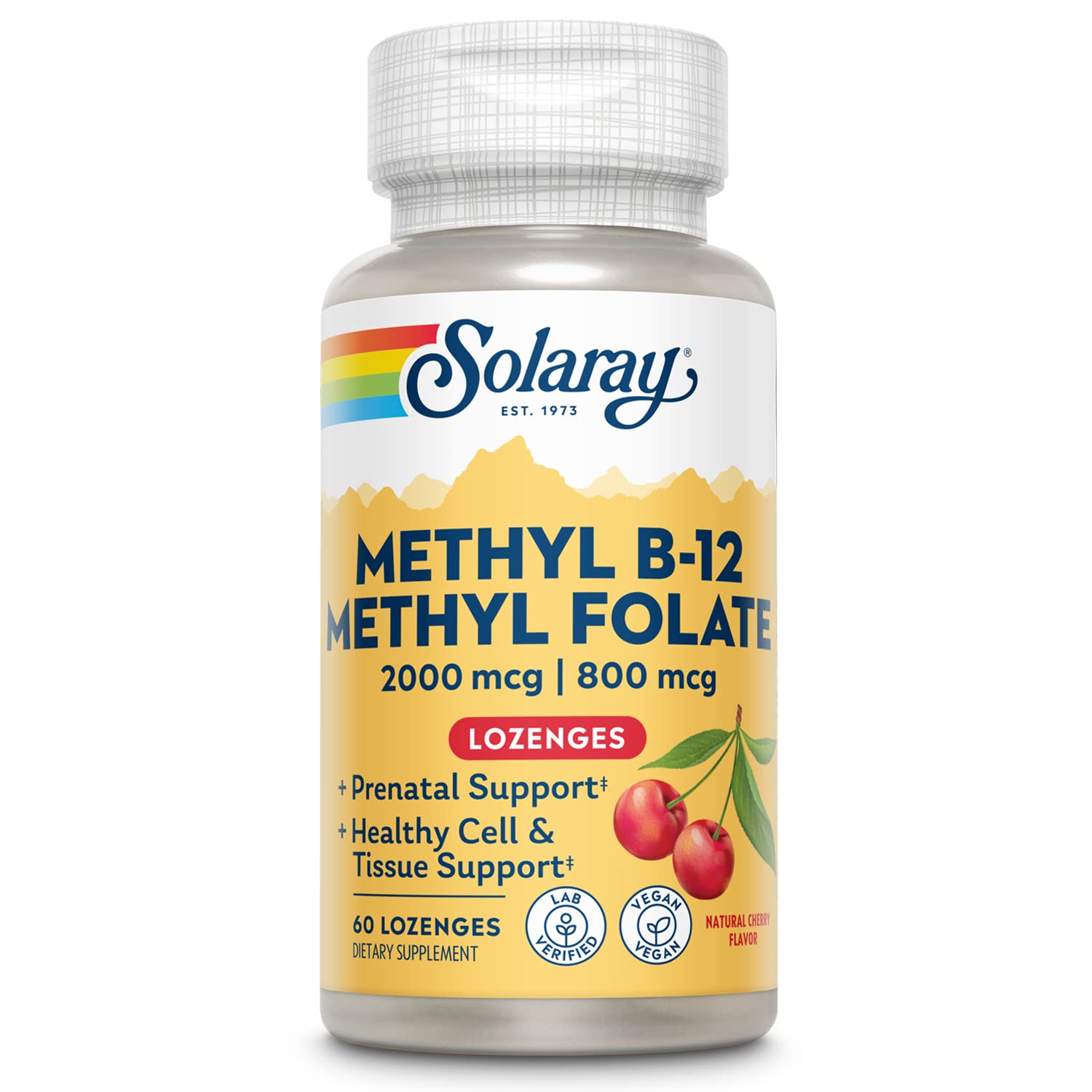 Pastilla sublingual SOLARAY B-12 Metilfolato de cereza para uso diario.
