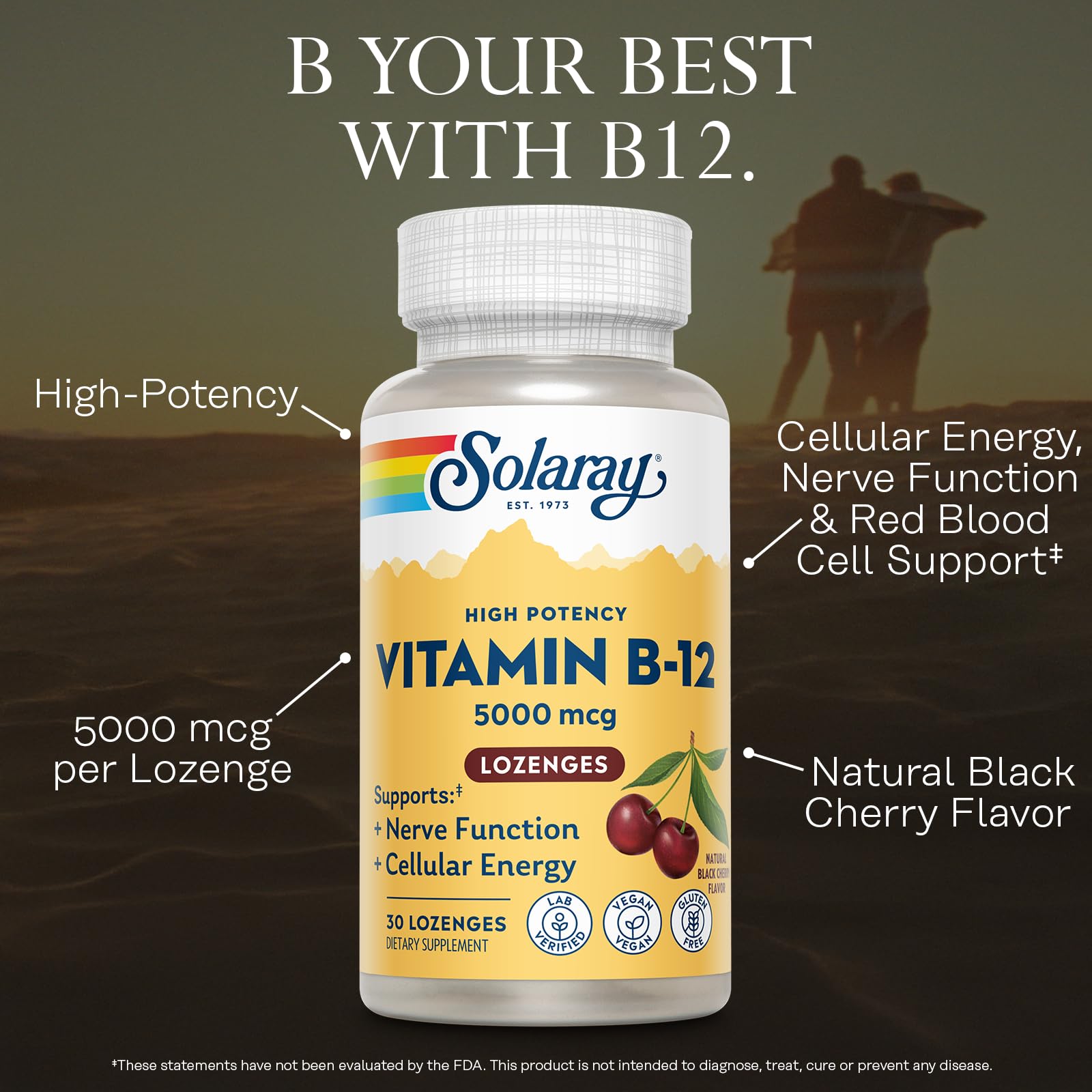 SOLARAY B12 sabor cereza negra, pastillas con disolución suave para vitalidad