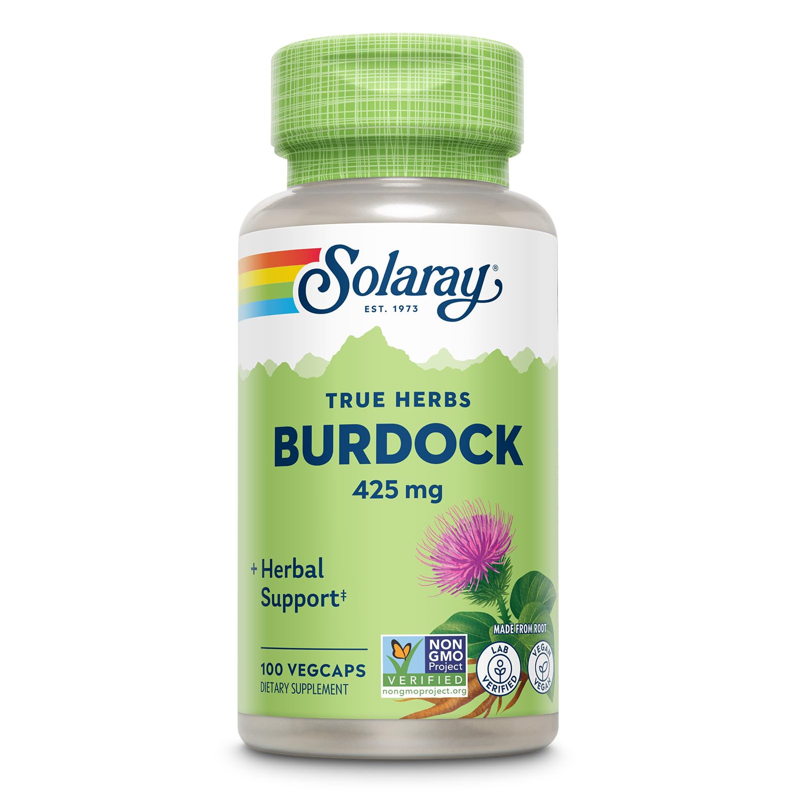 SOLARAY Bardana 425 mg: botella visible para apoyo general del hígado.