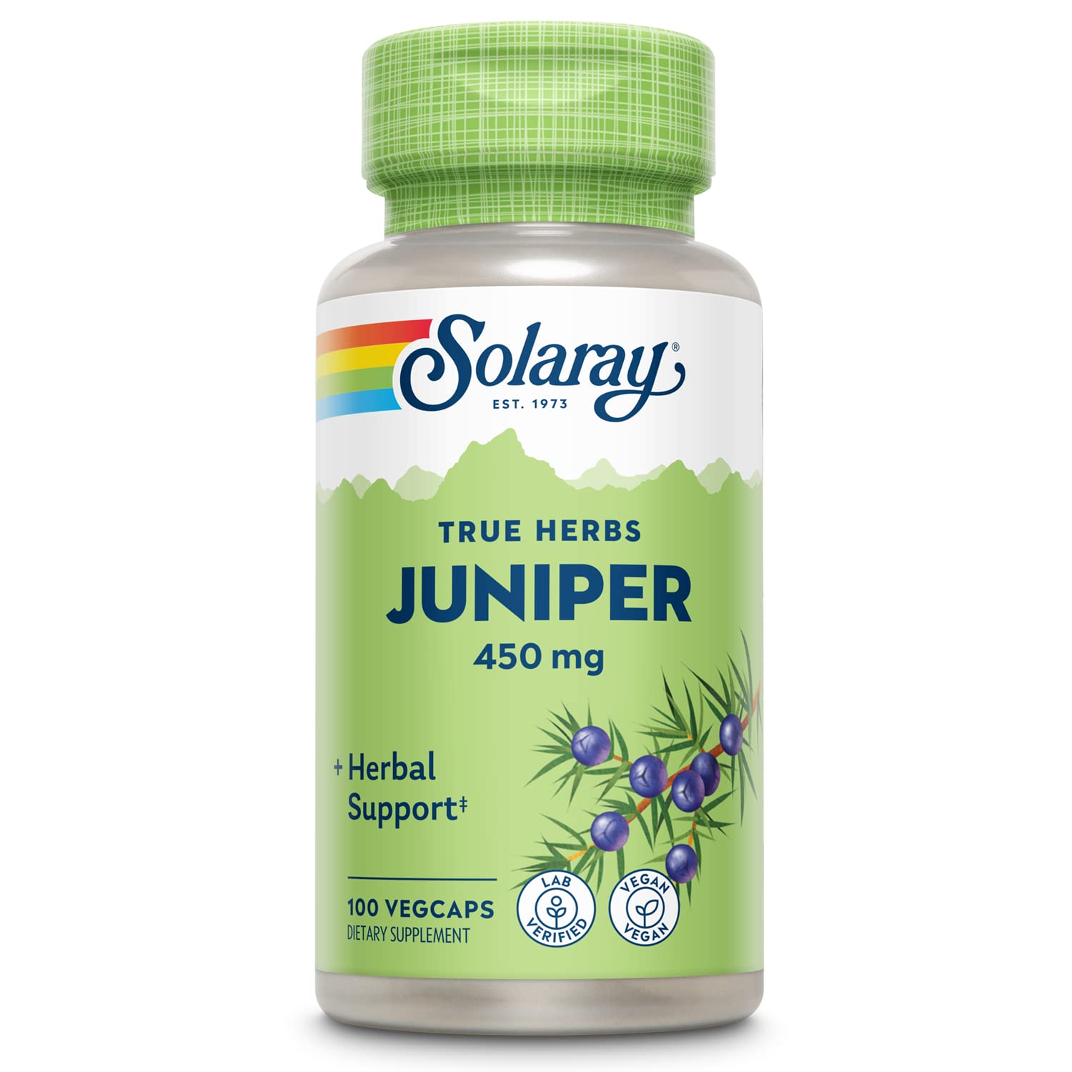SOLARAY Bayas de enebro: botella de 450 mg para apoyo digestivo y equilibrio hídrico.