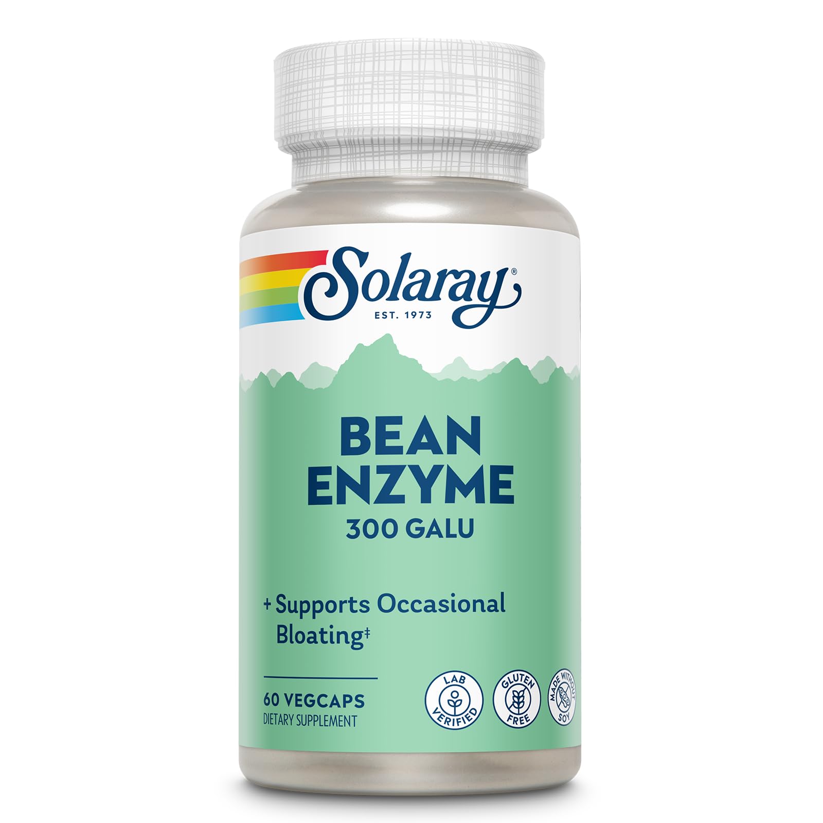 SOLARAY Bean Enzyme 300 Galu, botella frontal, apoyo para la digestión diaria.