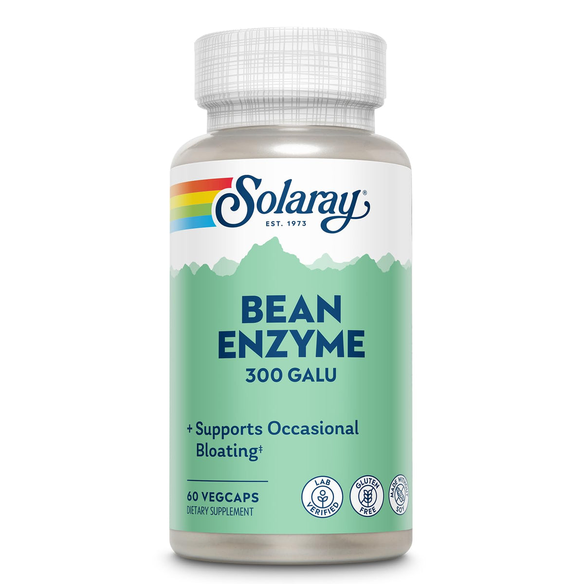 SOLARAY Bean Enzyme 300 Galu, botella frontal, apoyo para la digestión diaria.