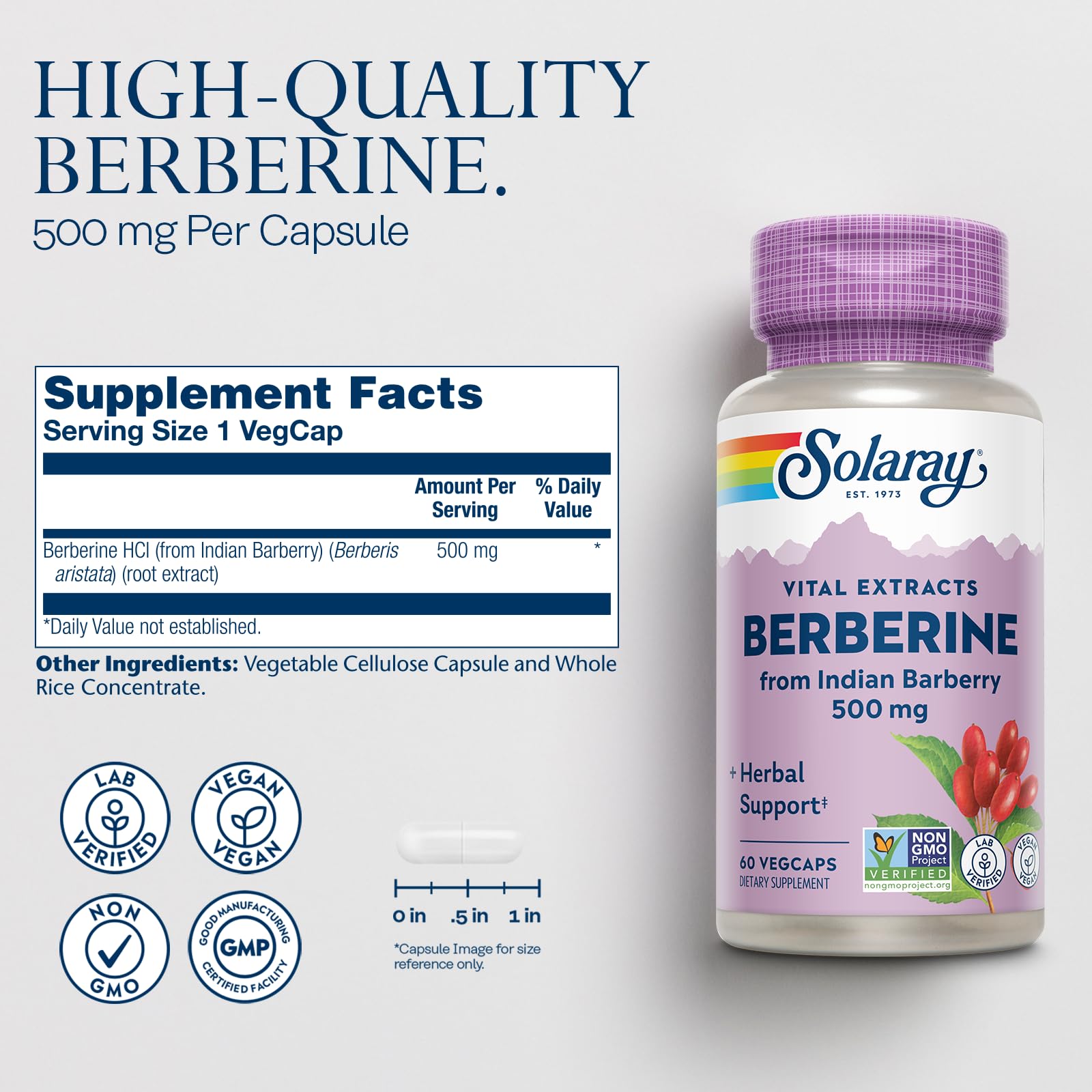 SOLARAY Berberina 500 mg, cápsulas veganas para ingesta diaria conveniente.