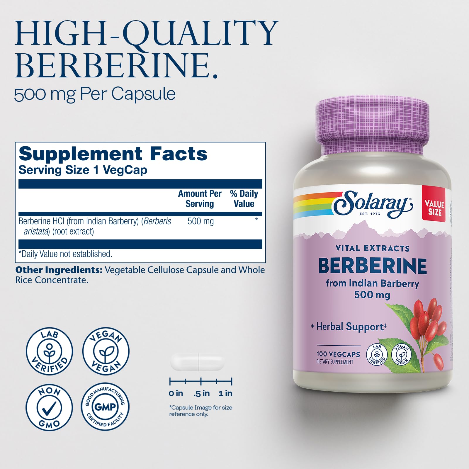 SOLARAY Berberina 500 mg, cápsulas: suplemento vegetariano para uso diario.