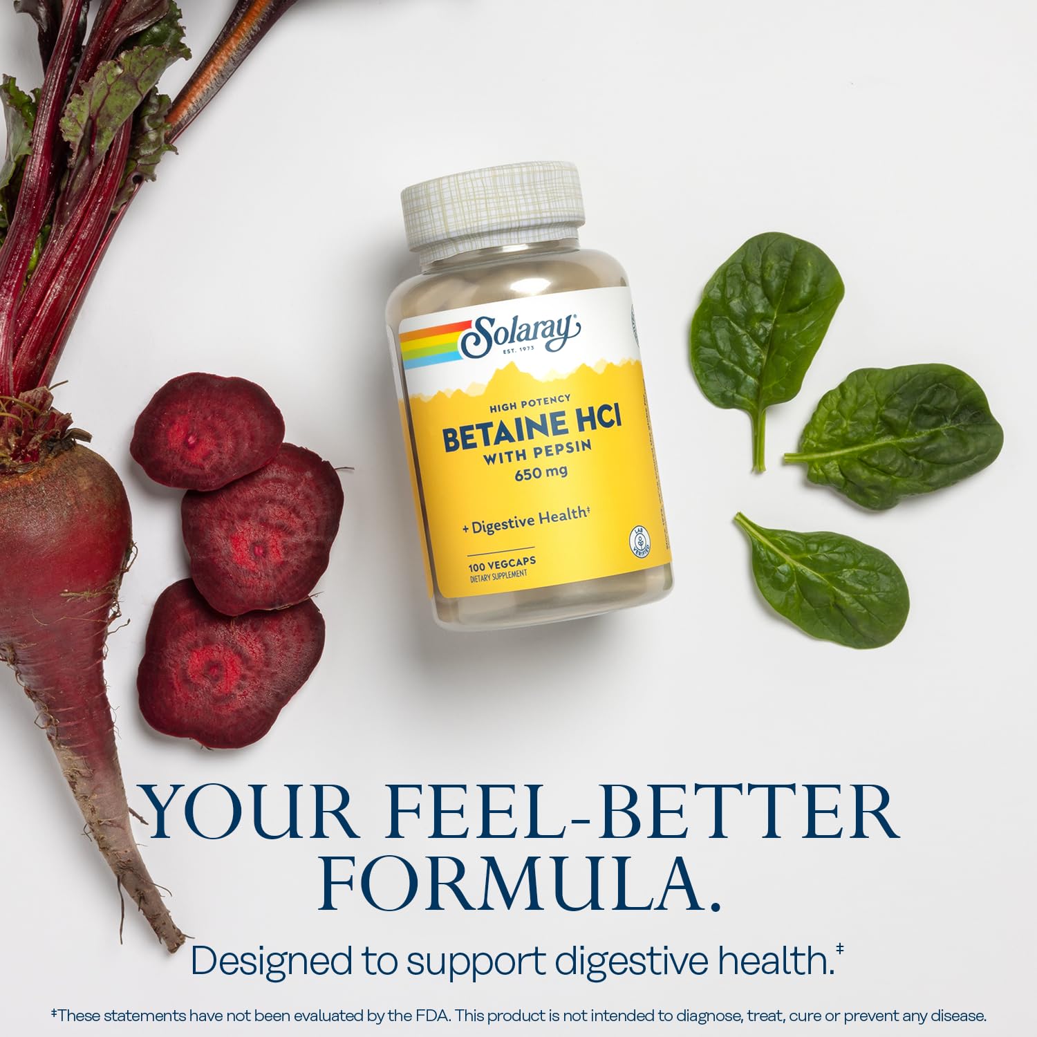 SOLARAY Betaína HCl con pepsina, etiqueta muestra 650 mg de betaína HCl y 100 mg de pepsina.