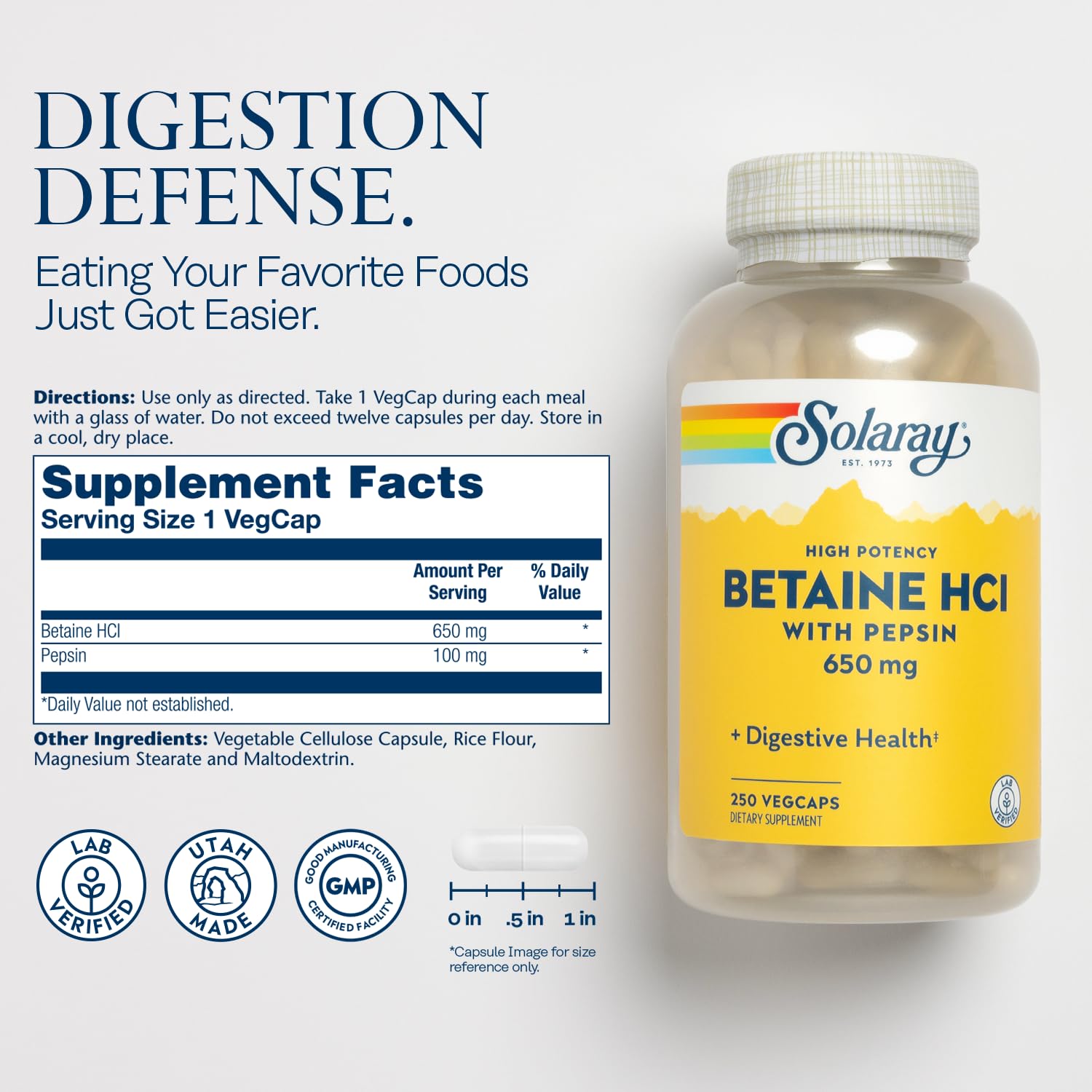 SOLARAY Betaine HCL con Pepsina, botella en primer plano para uso diario.