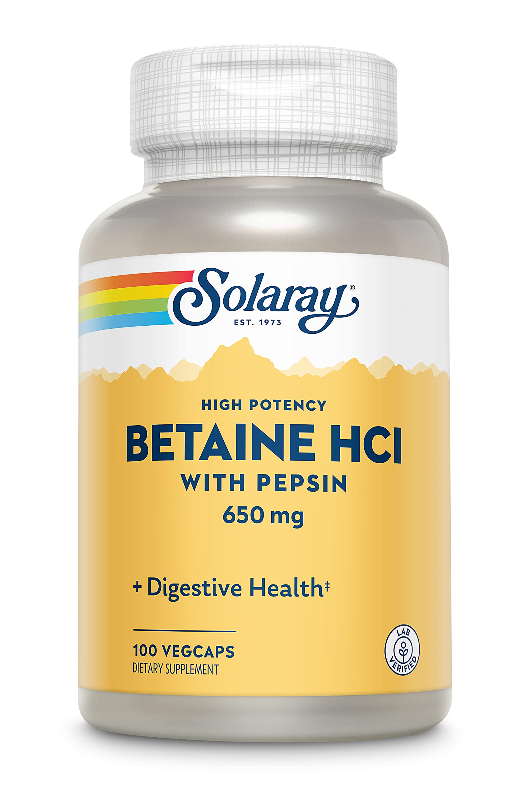 SOLARAY Betaína HCl con pepsina, botella: apoya la digestión tras las comidas.