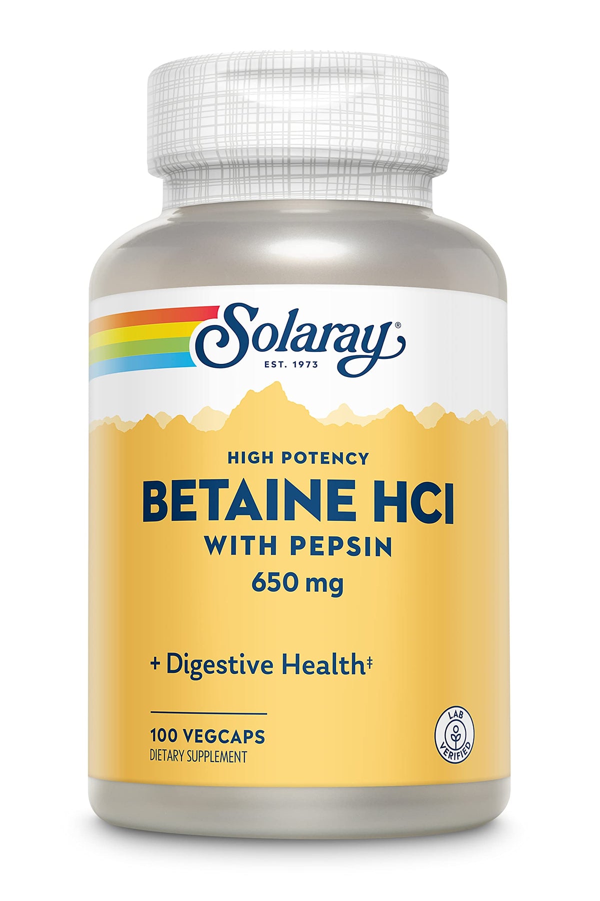 SOLARAY Betaína HCl con pepsina, botella: apoya la digestión tras las comidas.