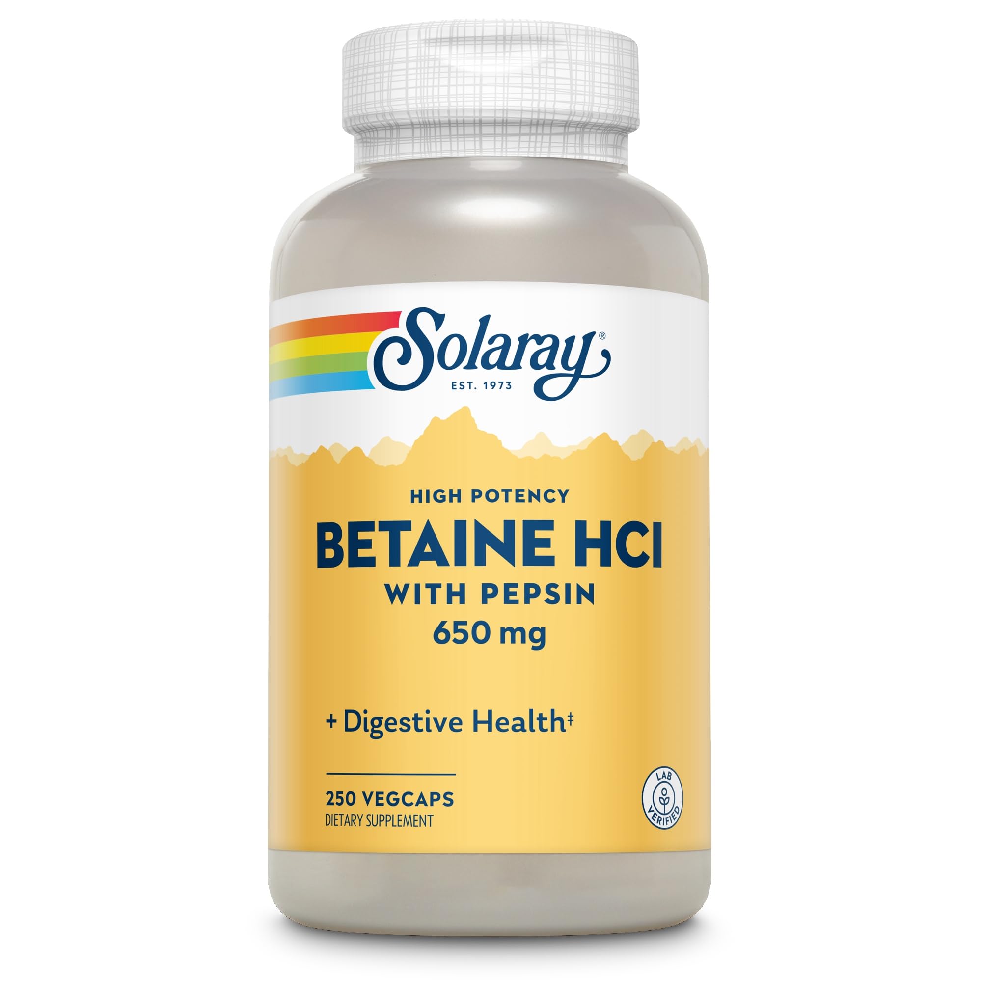 Caja de SOLARAY Betaine HCL con Pepsina para uso diario.