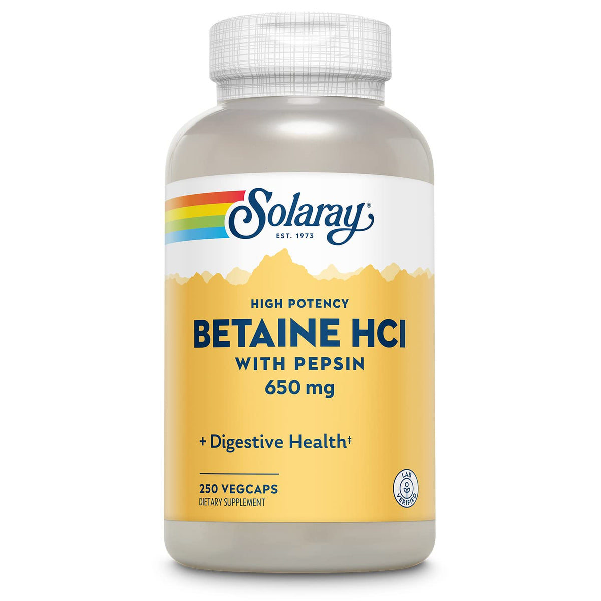 SOLARAY Betaine HCL con Pepsina, cápsulas vegetales para soporte digestivo diario.