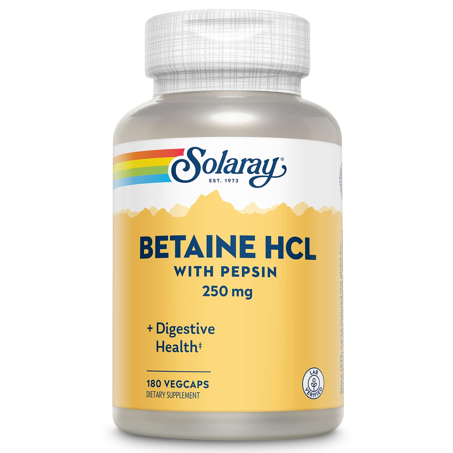 SOLARAY Betaína HCl con Pepsina en botella para apoyo digestivo después de comidas abundantes.