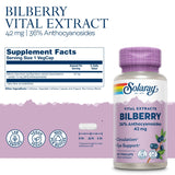 SOLARAY Bilberry Extract etiqueta clara, destacando ingredientes y calidad.