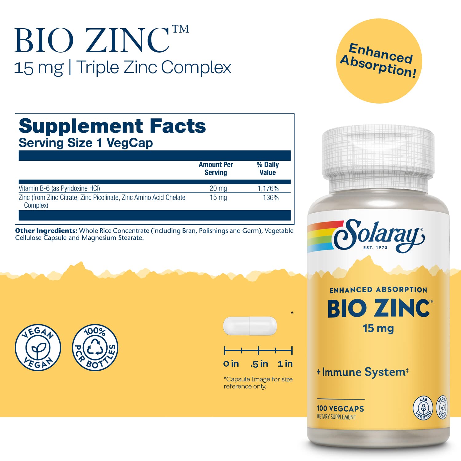 SOLARAY Bio Zinc 15 mg, cápsulas traseras: foco en salud metabólica y función celular.