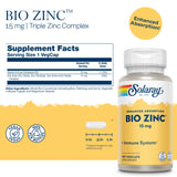 SOLARAY Bio Zinc 15 mg, cápsulas traseras: foco en salud metabólica y función celular.