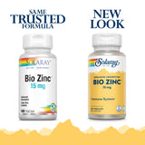 SOLARAY Bio Zinc 15 mg, etiqueta frontal: fórmula quelatada para mayor biodisponibilidad.
