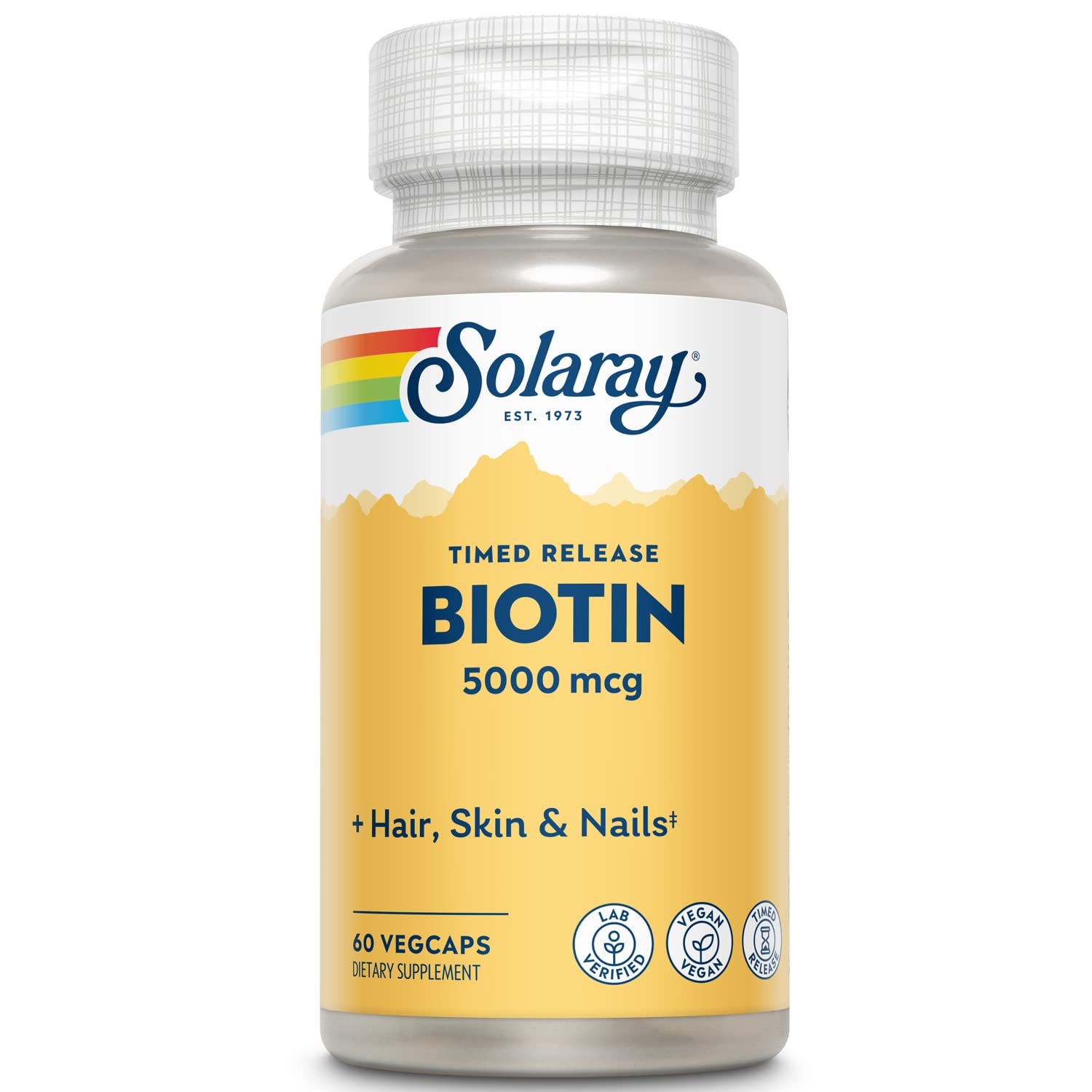 Biotina Solaray para cabello, piel y uñas saludables.