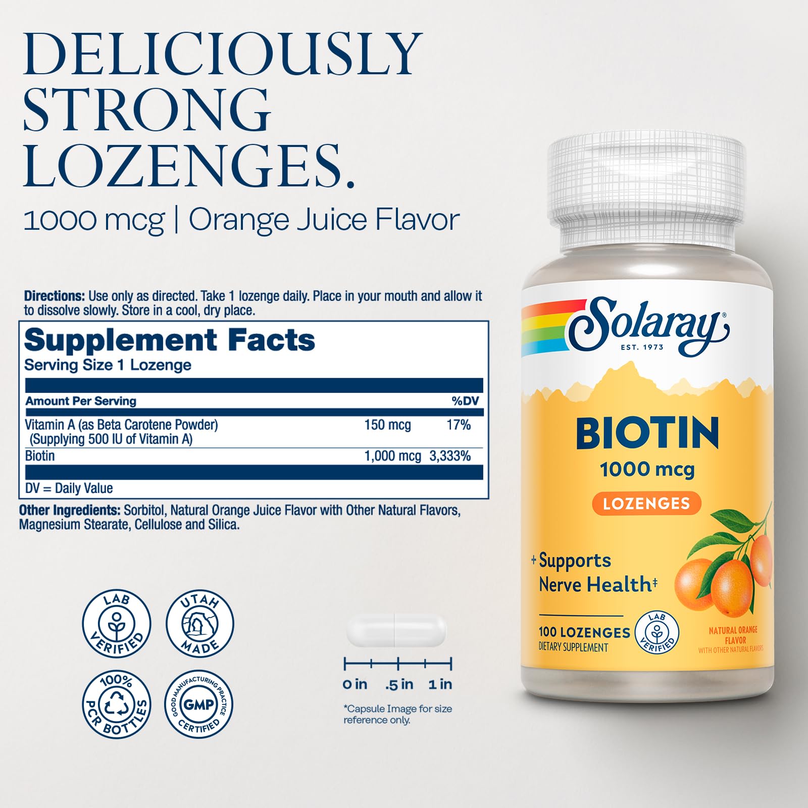 SOLARAY Biotina 1000 mcg, lingote de naranja en primer plano, sabor agradable