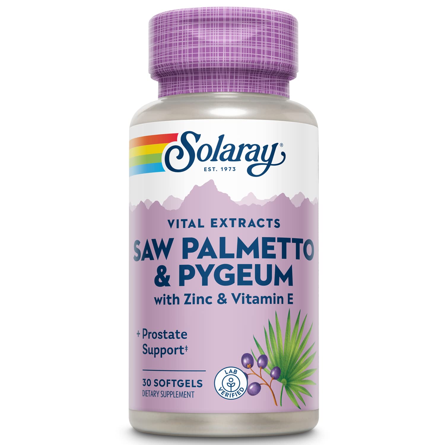 SOLARAY Saw Palmetto y Pygeum, botella visible, apoyo potencial a la salud prostática.