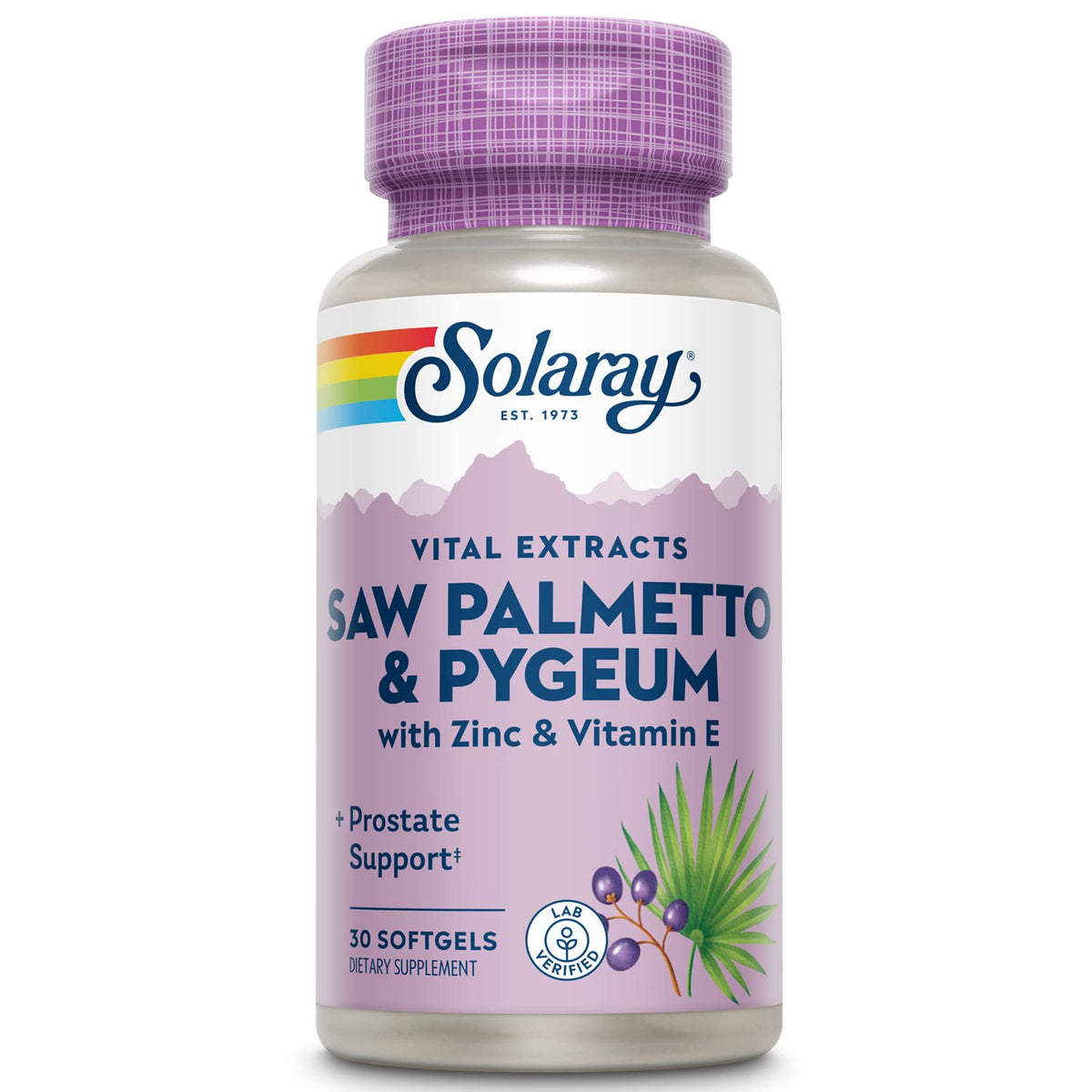 SOLARAY Saw Palmetto y Pygeum, botella visible, apoyo potencial a la salud prostática.