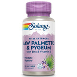 SOLARAY Saw Palmetto y Pygeum, botella visible, apoyo potencial a la salud prostática.