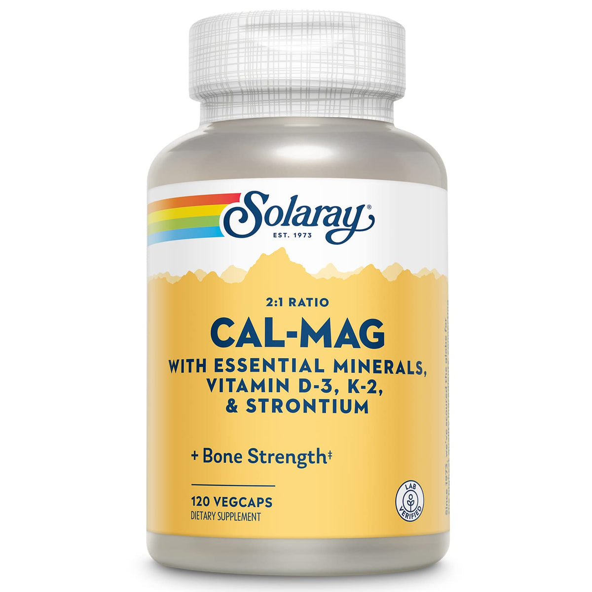 SOLARAY Cal-Mag botella de píldoras para uso diario y huesos sanos.