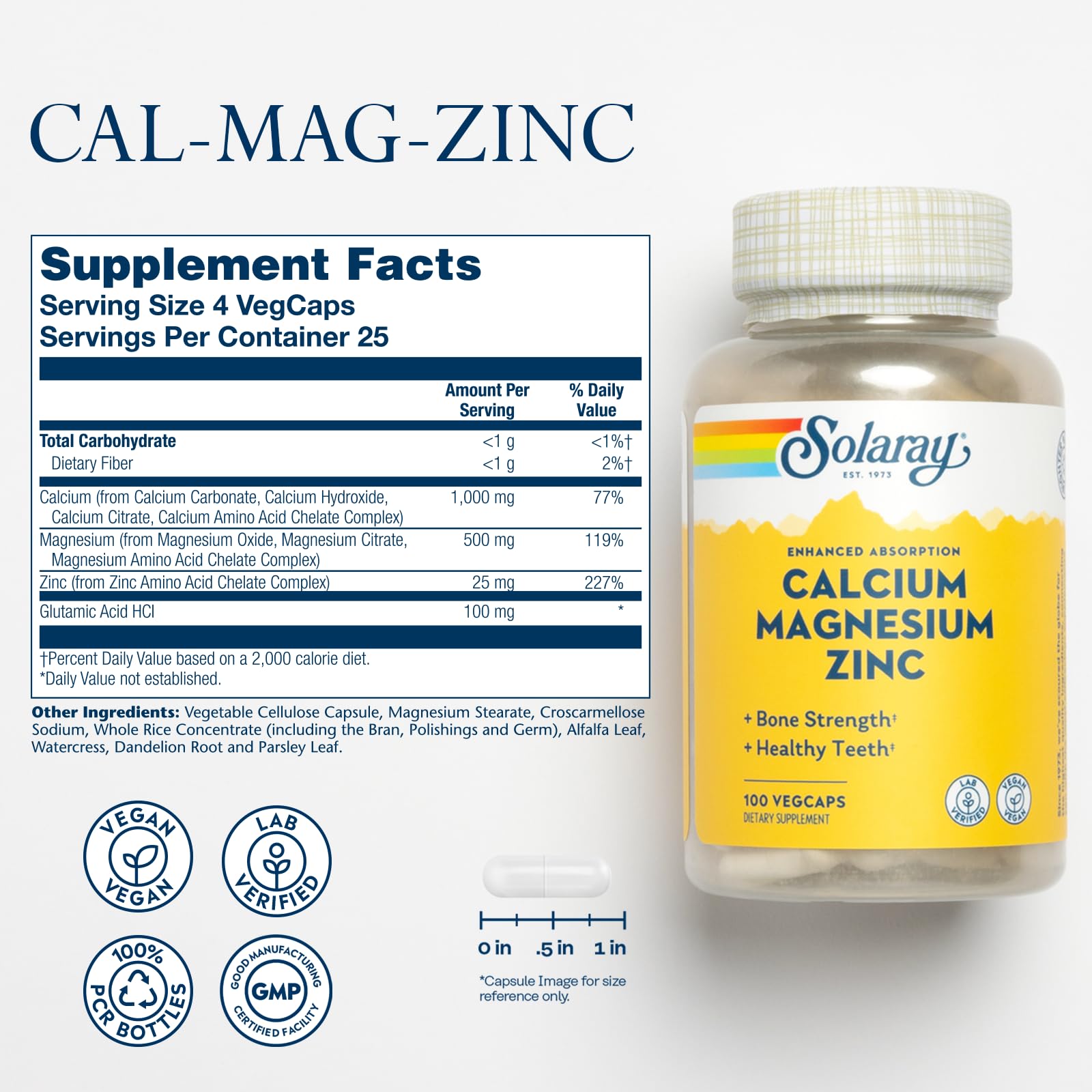 SOLARAY Calcio Magnesio Zinc cápsulas en primer plano para función muscular