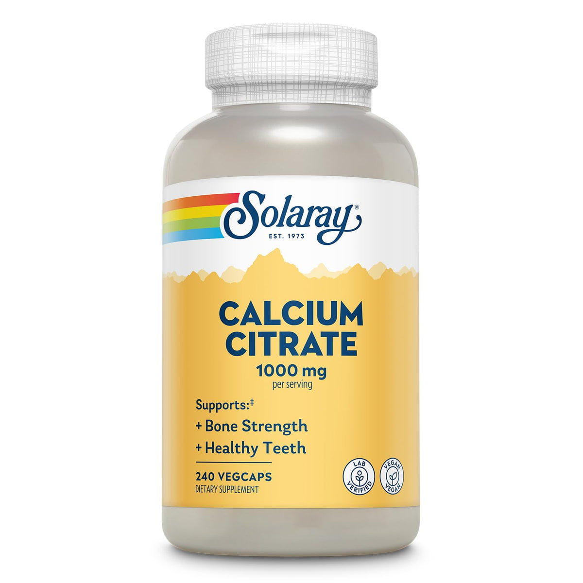 SOLARAY calcio citrato 1000mg, botella frontal, apoyo a huesos fuertes