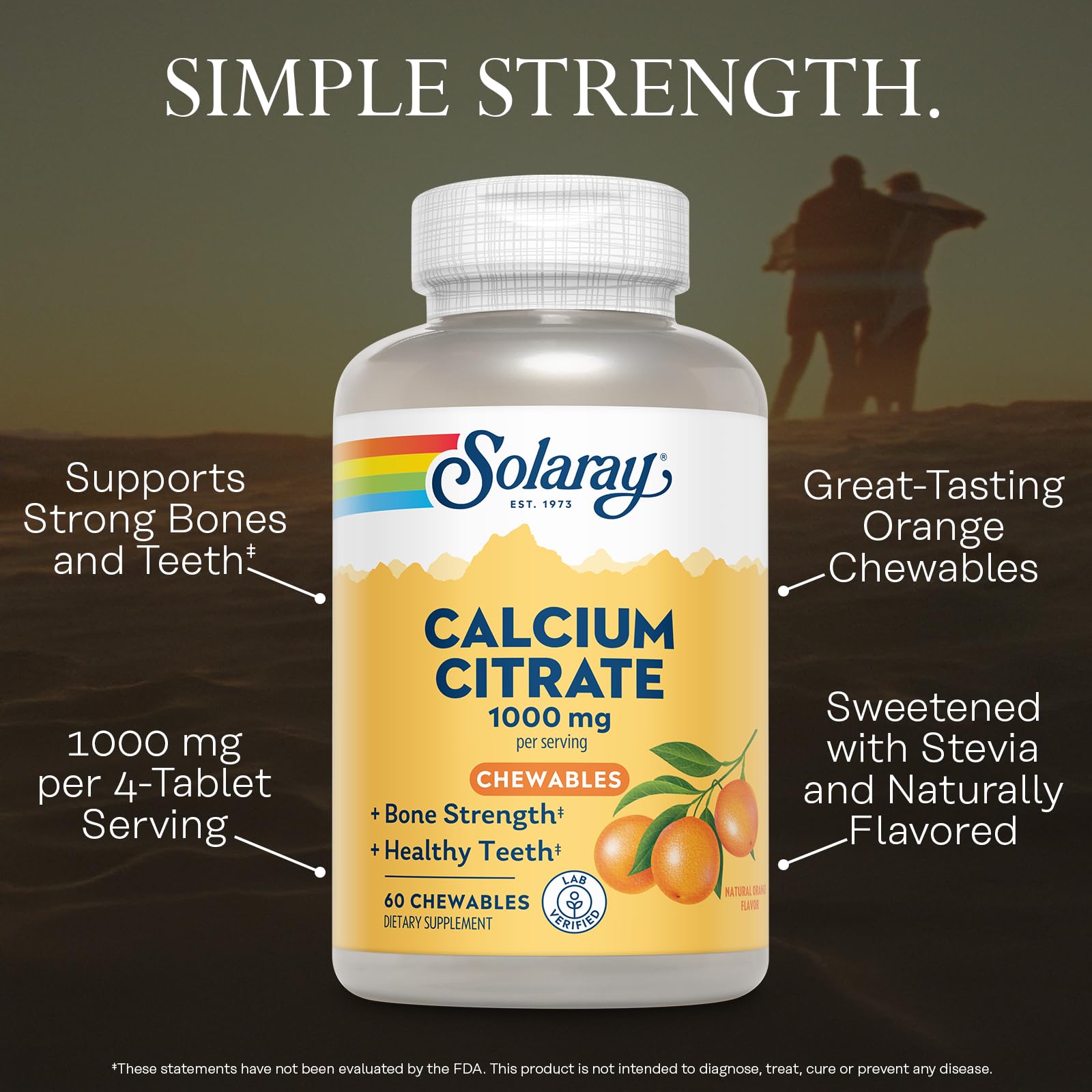 SOLARAY Calcio Citrato 1000 mg, sin gluten y vegano, apto para diversas dietas.