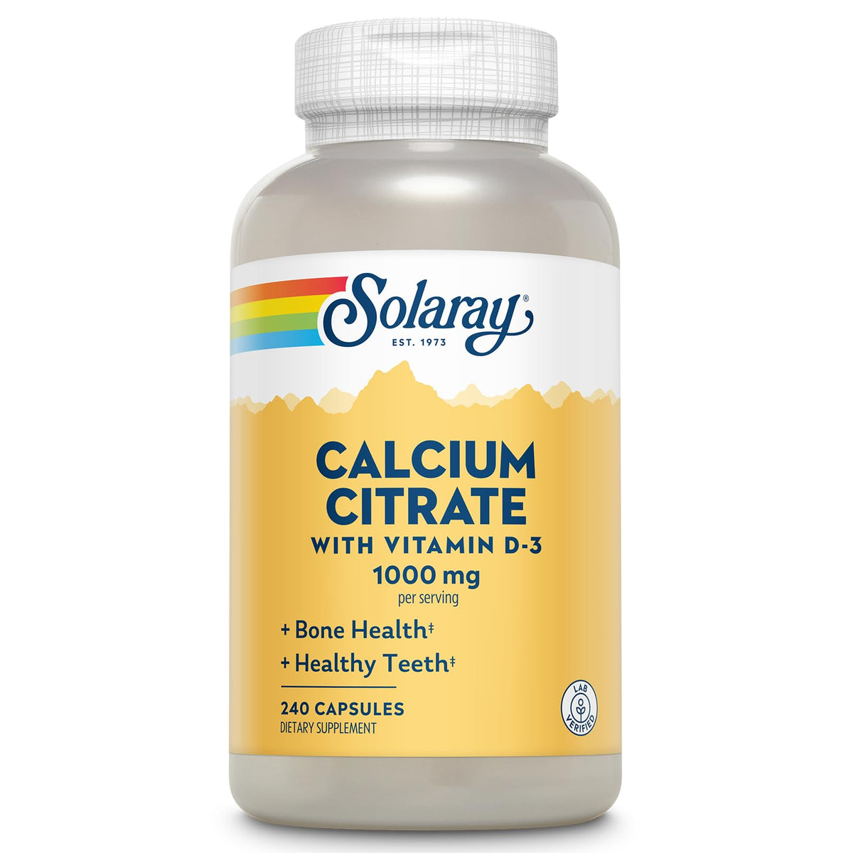 SOLARAY Calcio Citrato con Vitamina D3 en botella para huesos más fuertes.