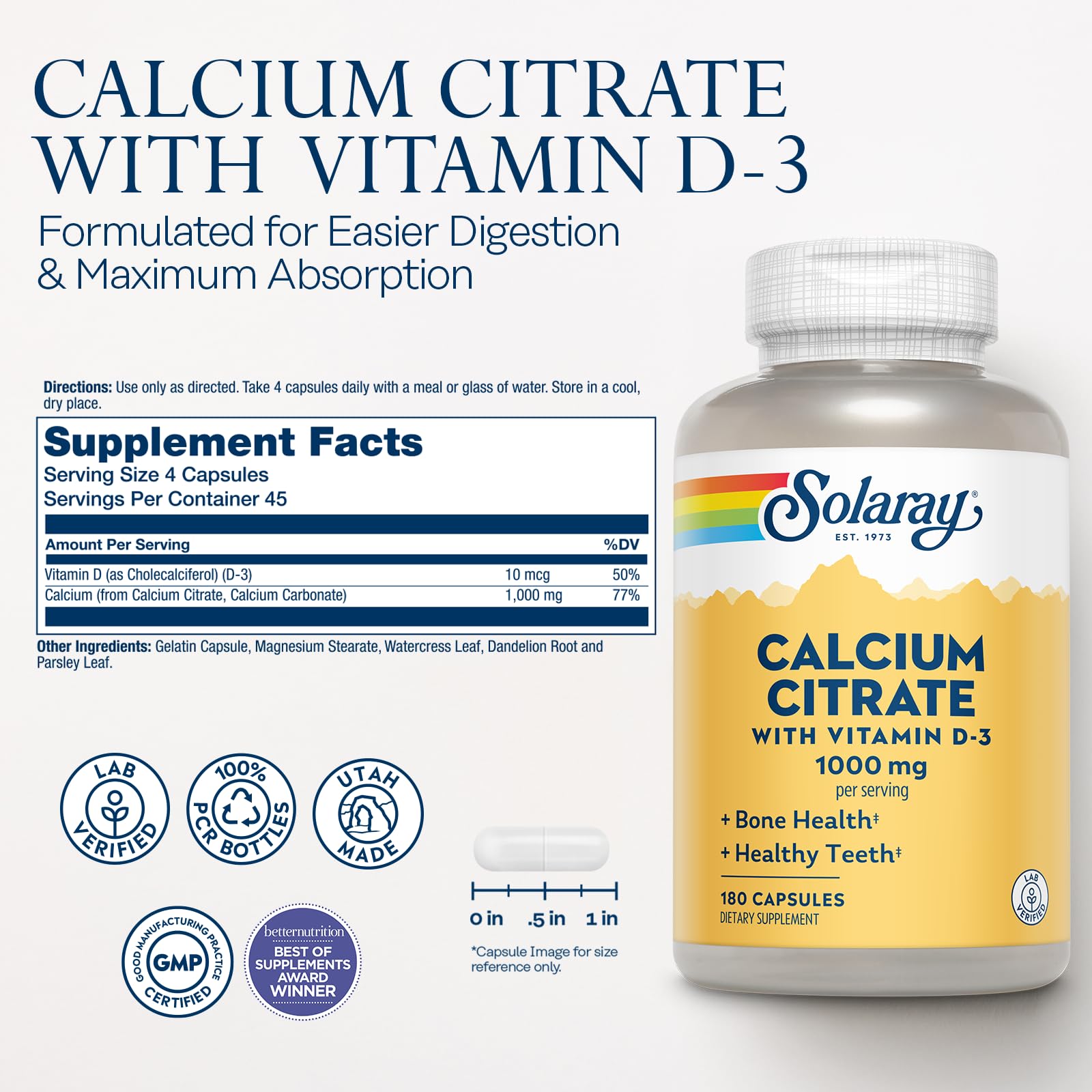 SOLARAY Calcio Citrato con D3, etiqueta clara para uso diario en dientes sanos.